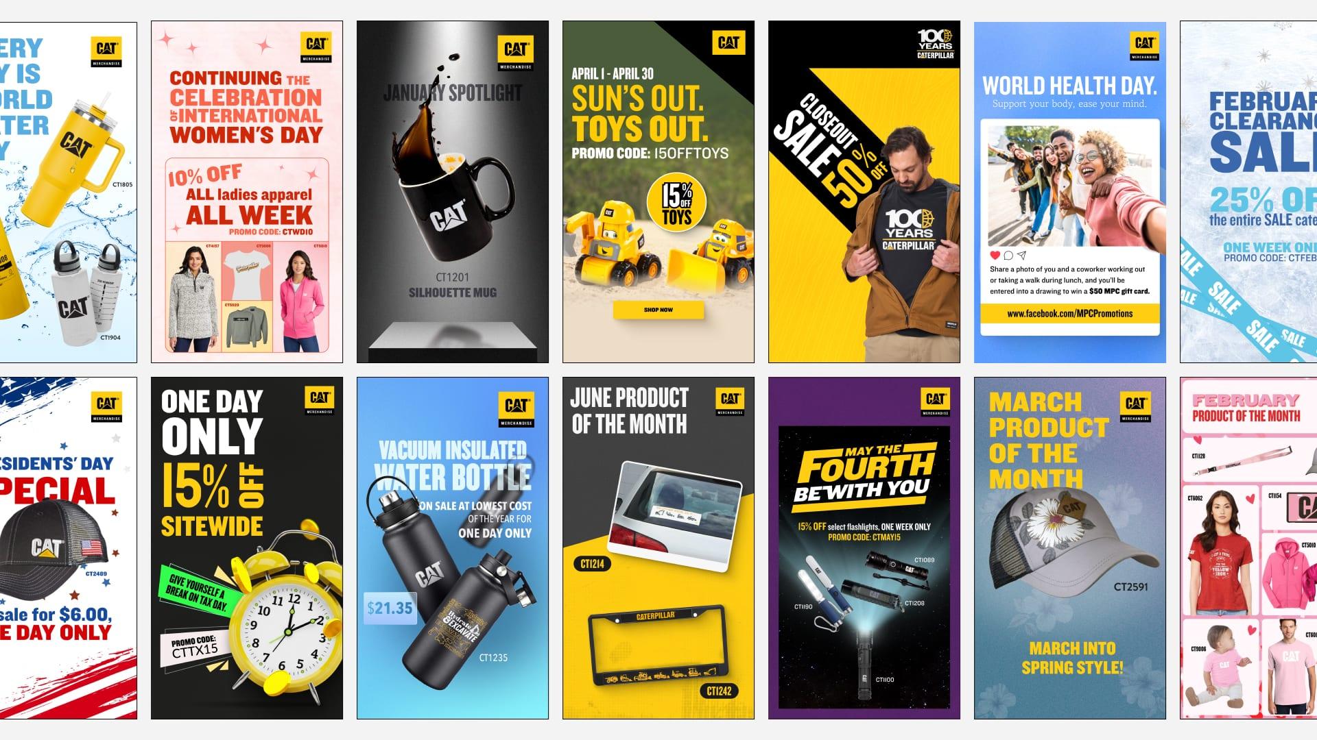 Grid of ShopCaterpillar vertical story ads for sales, new products and seasonal promotions in yellow, black and blue