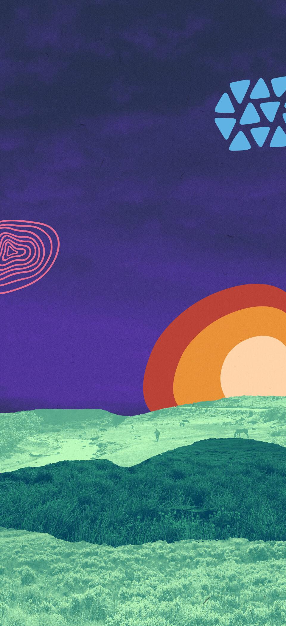Collage landscape of green hills under a purple night sky with an orange and red rising-sun arc, a pink contour-line shape and the blue triangle mark