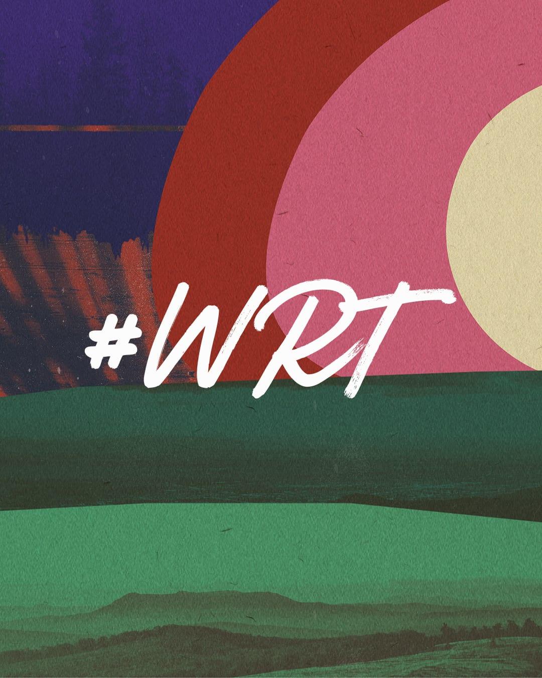 #WRT script lockup over a pink and yellow sun arc and green hills