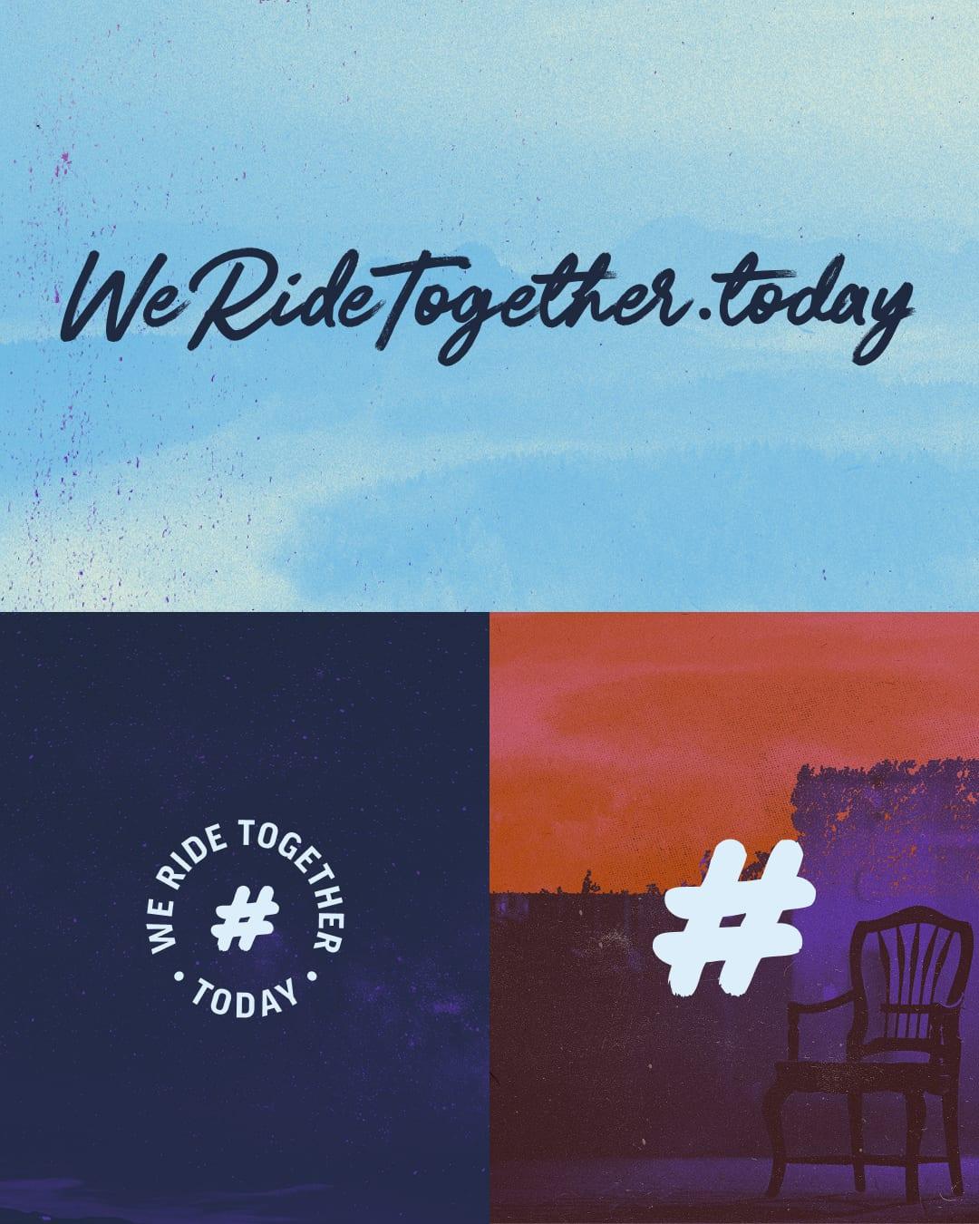 WeRideTogether.today wordmark on sky blue, above a circular hashtag badge and a hashtag over an orange sunset scene