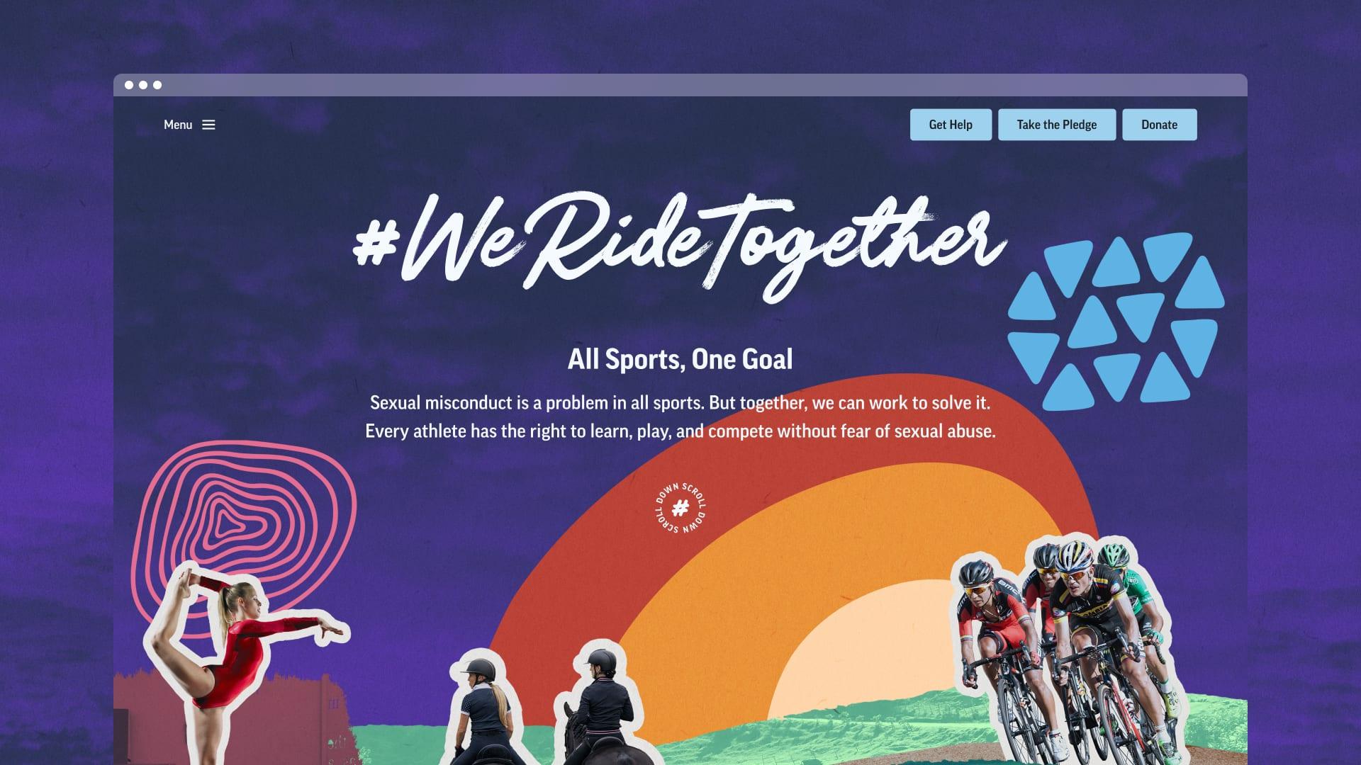 Website homepage with the #WeRideTogether script headline and "All Sports, One Goal" over the athlete collage