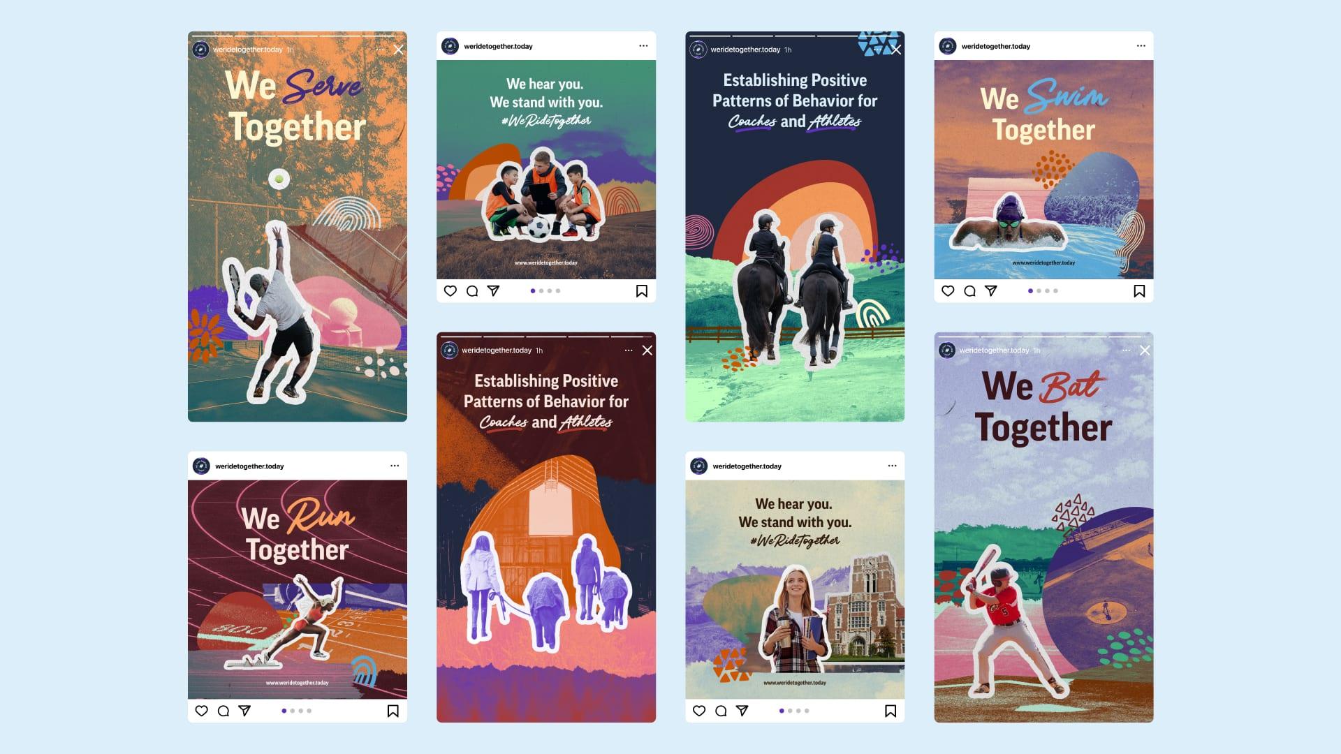 Grid of #WeRideTogether social posts, including "We Swim Together", "We Run Together" and "We Bat Together" graphics