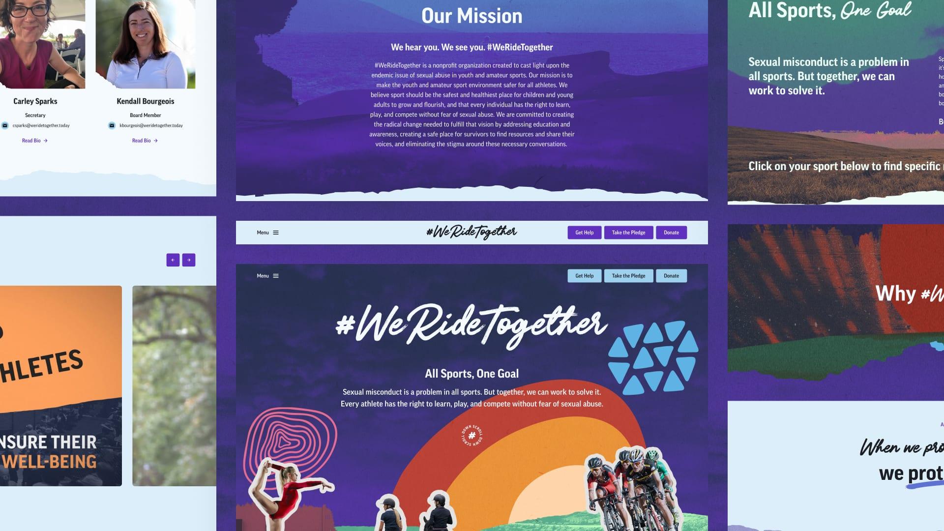 Collage of website pages, including the Our Mission section, team profiles and the All Sports, One Goal homepage