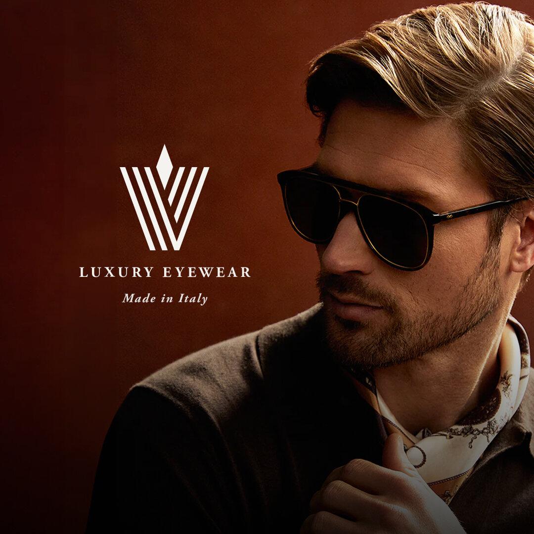 Kenmark Valdo luxury eyewear — a man in dark sunglasses beside the Valdo mark, 'Made in Italy'