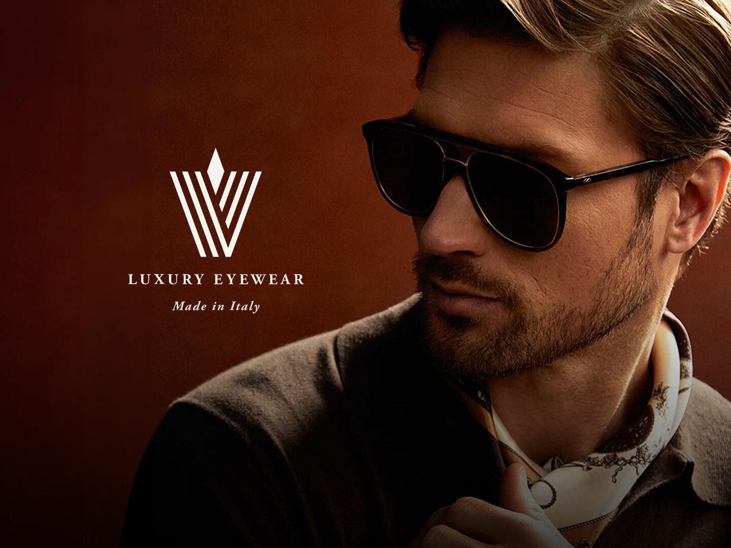 Kenmark Valdo luxury eyewear — a man in dark sunglasses beside the Valdo mark, 'Made in Italy'