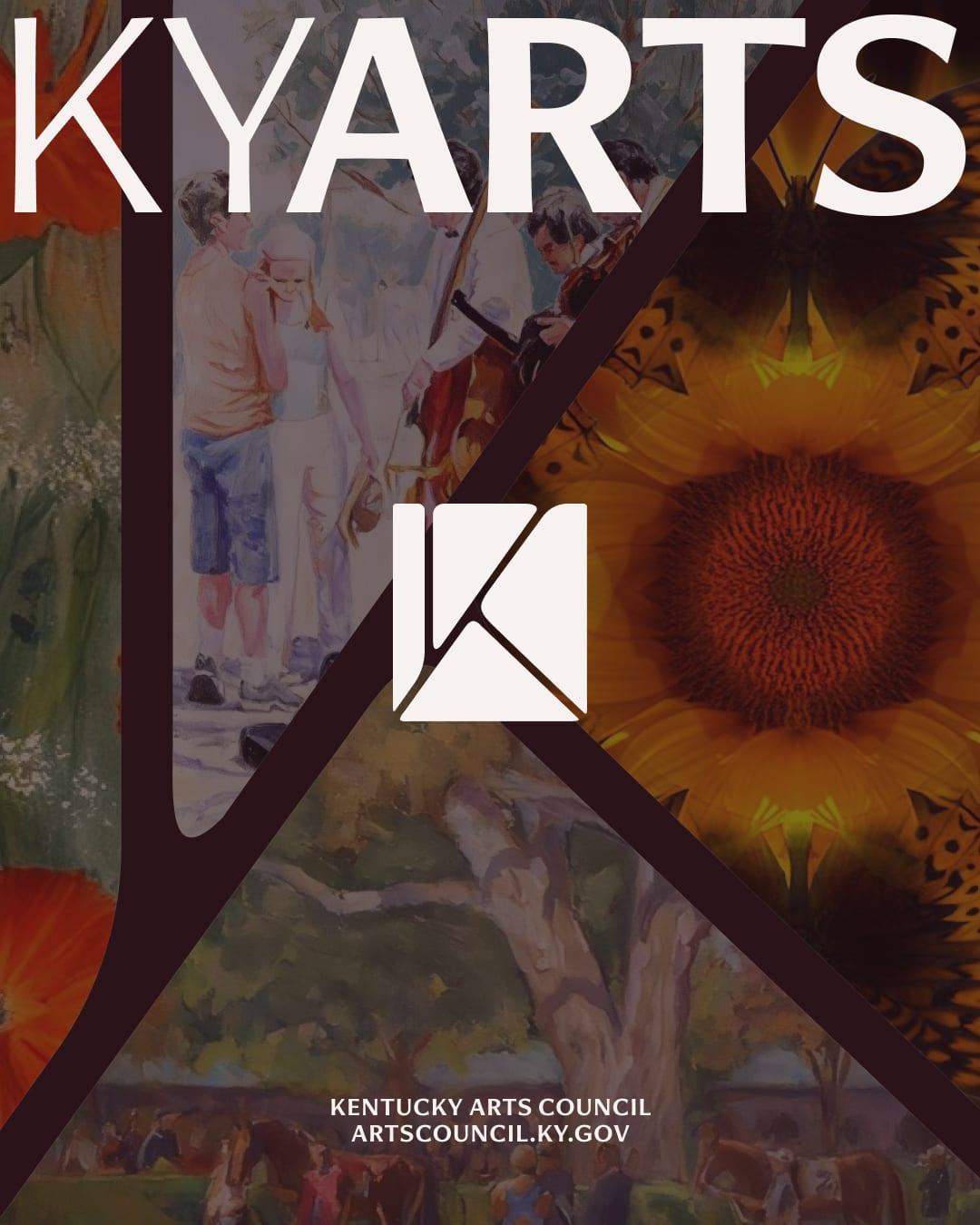 Kentucky Arts Council cover: the KYARTS wordmark and K mark over paintings of musicians, a sunflower and a horse pasture