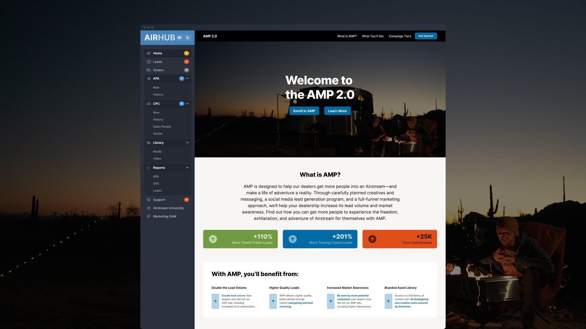 The AirHub dealer portal open to the AMP 2.0 co-op program page, showing lead growth figures and program benefits