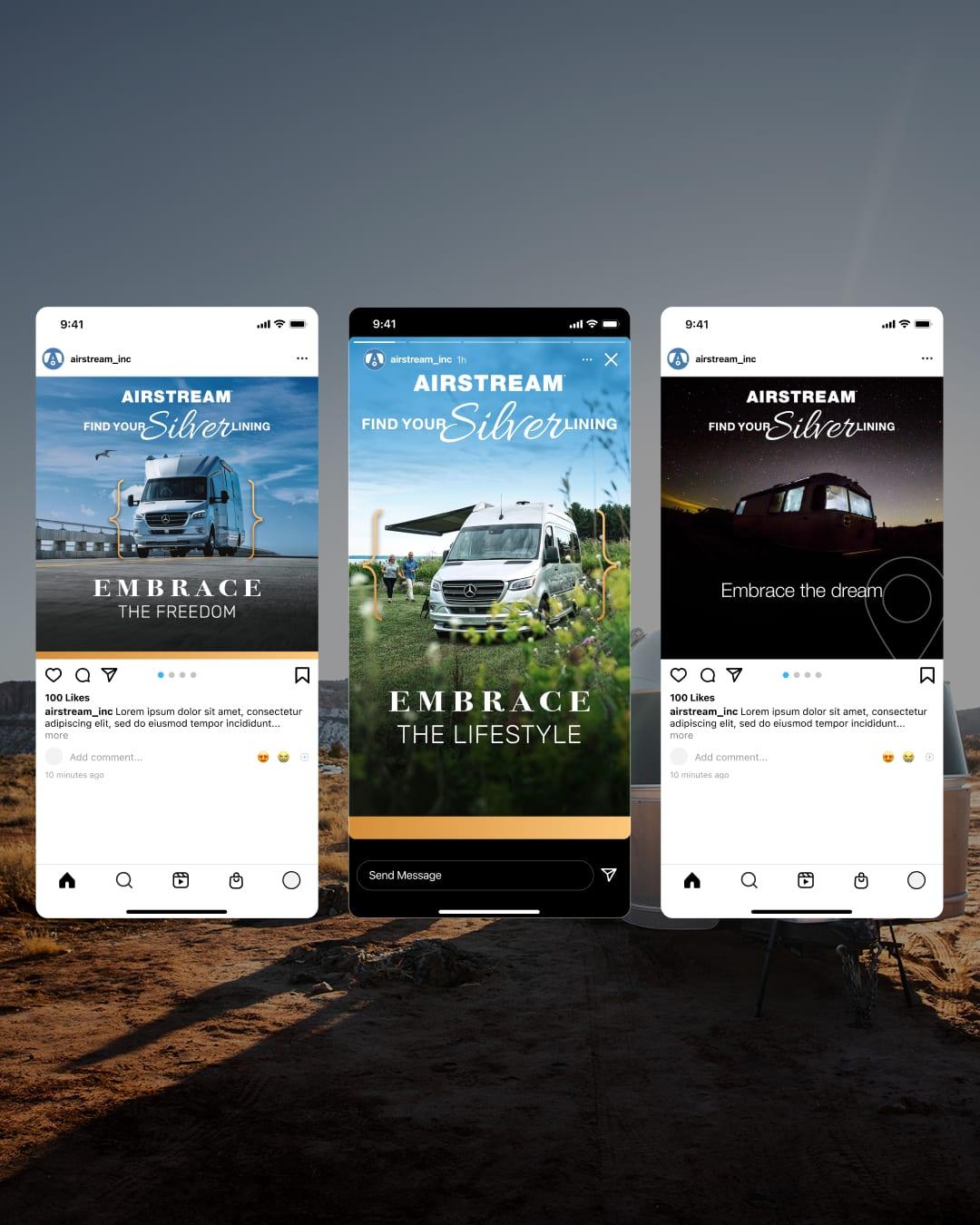Three Airstream "Find Your Silver Lining" social ads in Instagram feed and story mockups