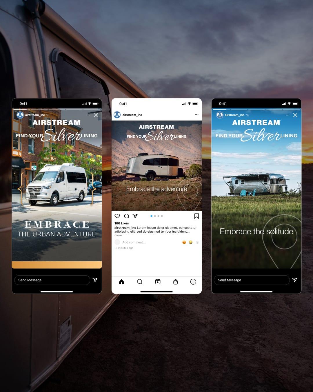 Three more Airstream "Find Your Silver Lining" social ads featuring touring coaches and travel trailers