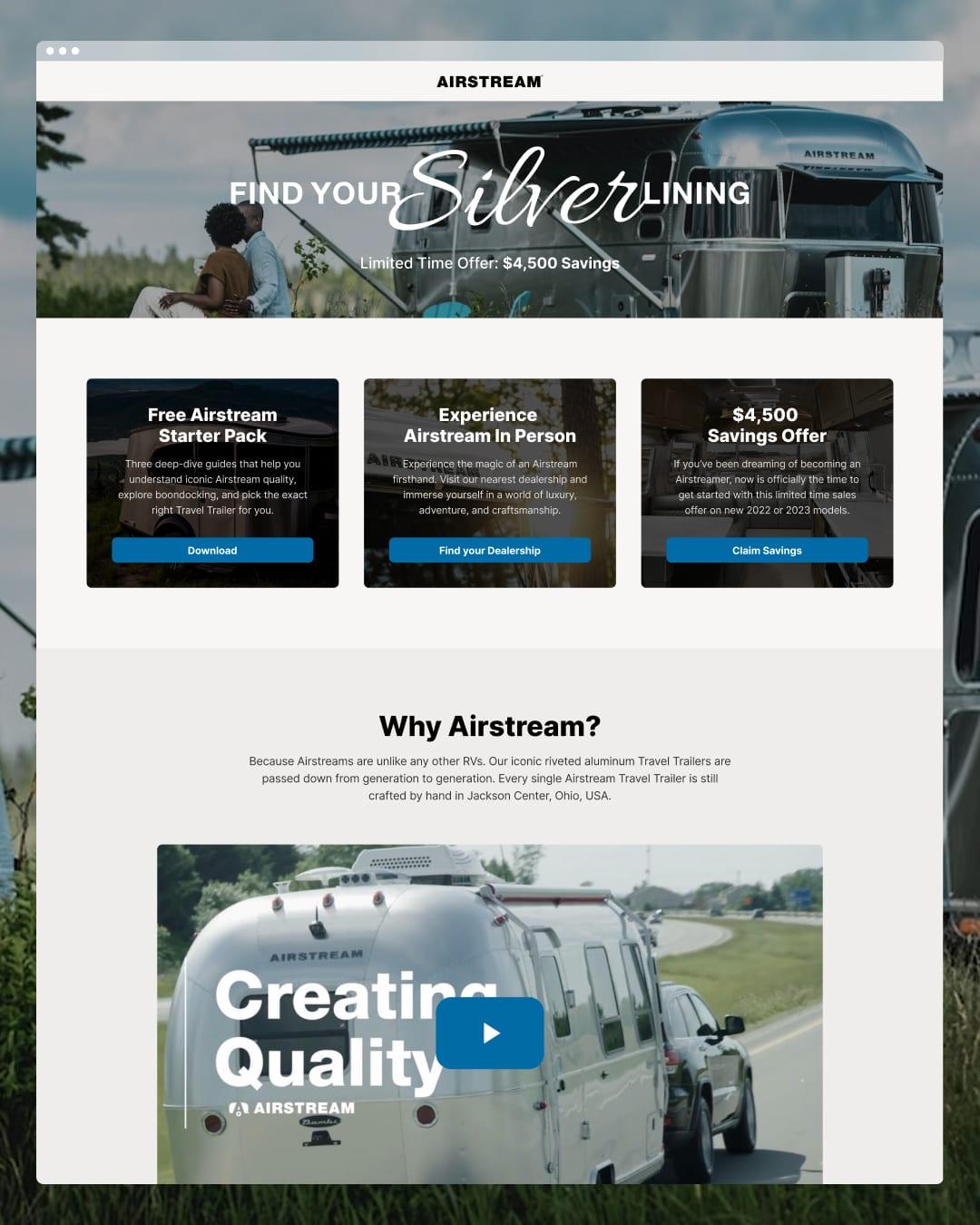 Airstream travel trailer landing page with a $4,500 limited-time savings offer and a "Why Airstream?" video