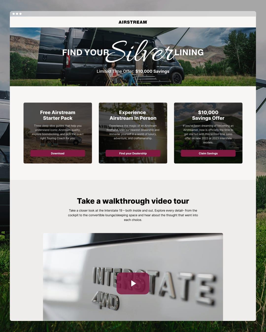 Airstream touring coach landing page with a $10,000 limited-time savings offer and an Interstate walkthrough video