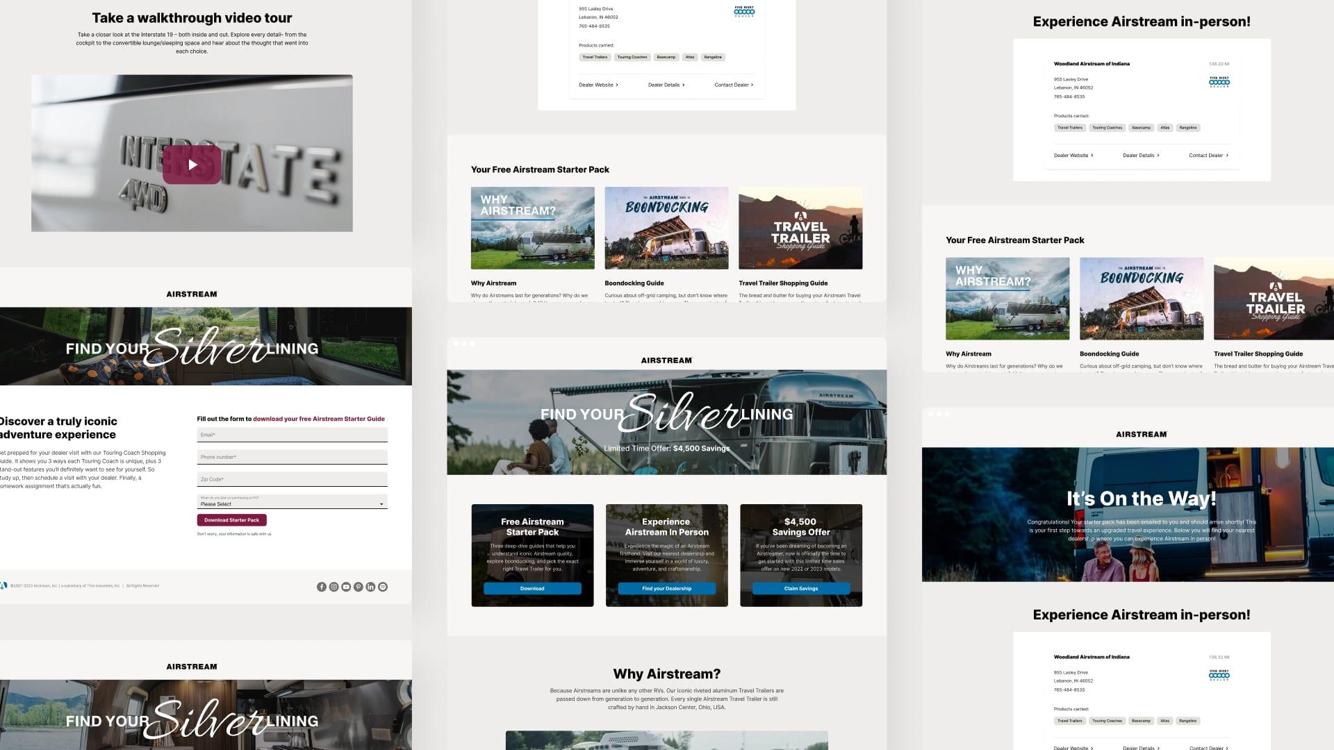A collage of Airstream dealer landing page screens: walkthrough video, free starter pack, lead form and dealer locator