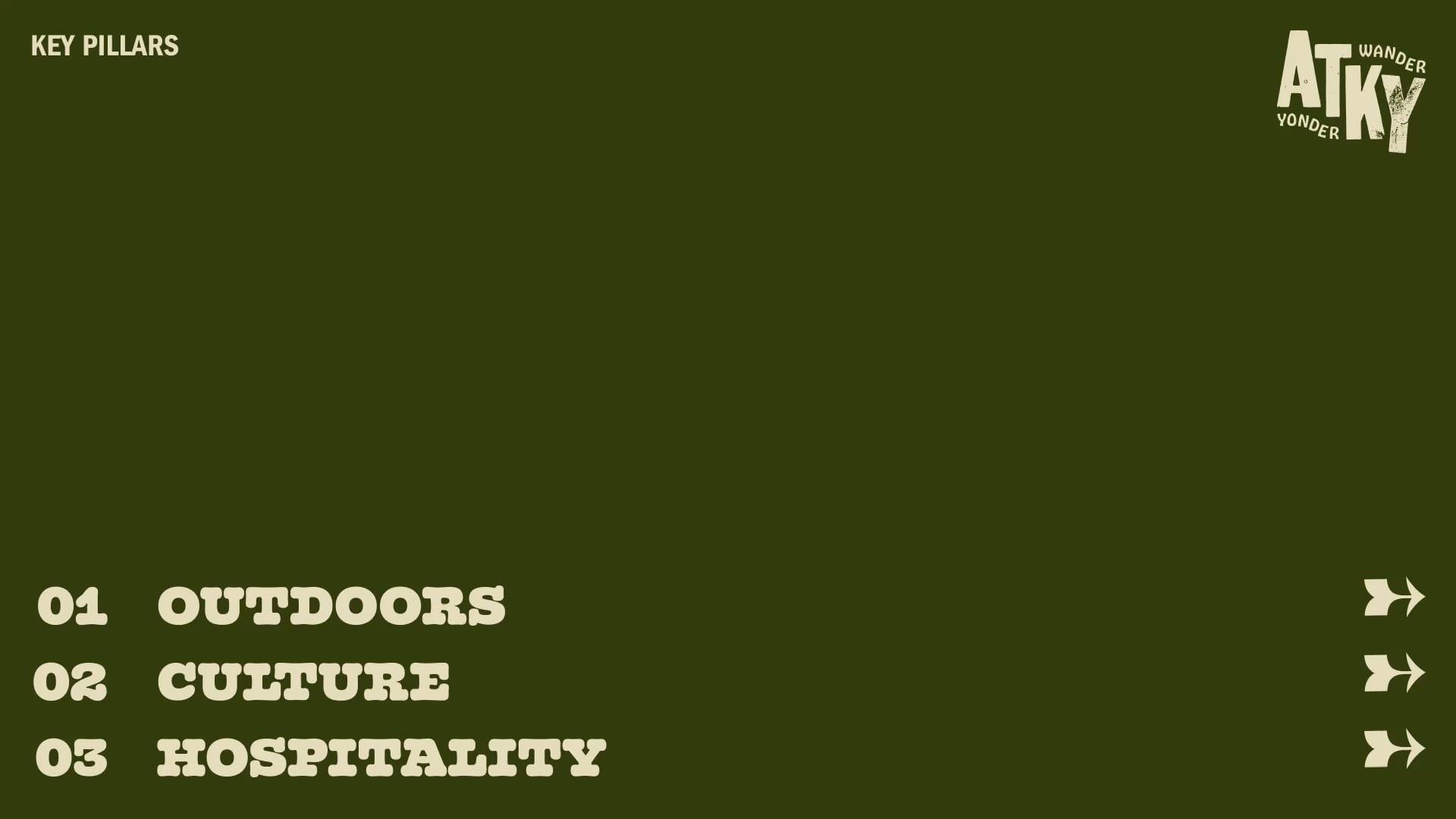 Key pillars slide on olive green with the ATKY Wander Yonder mark: 01 Outdoors, 02 Culture, 03 Hospitality