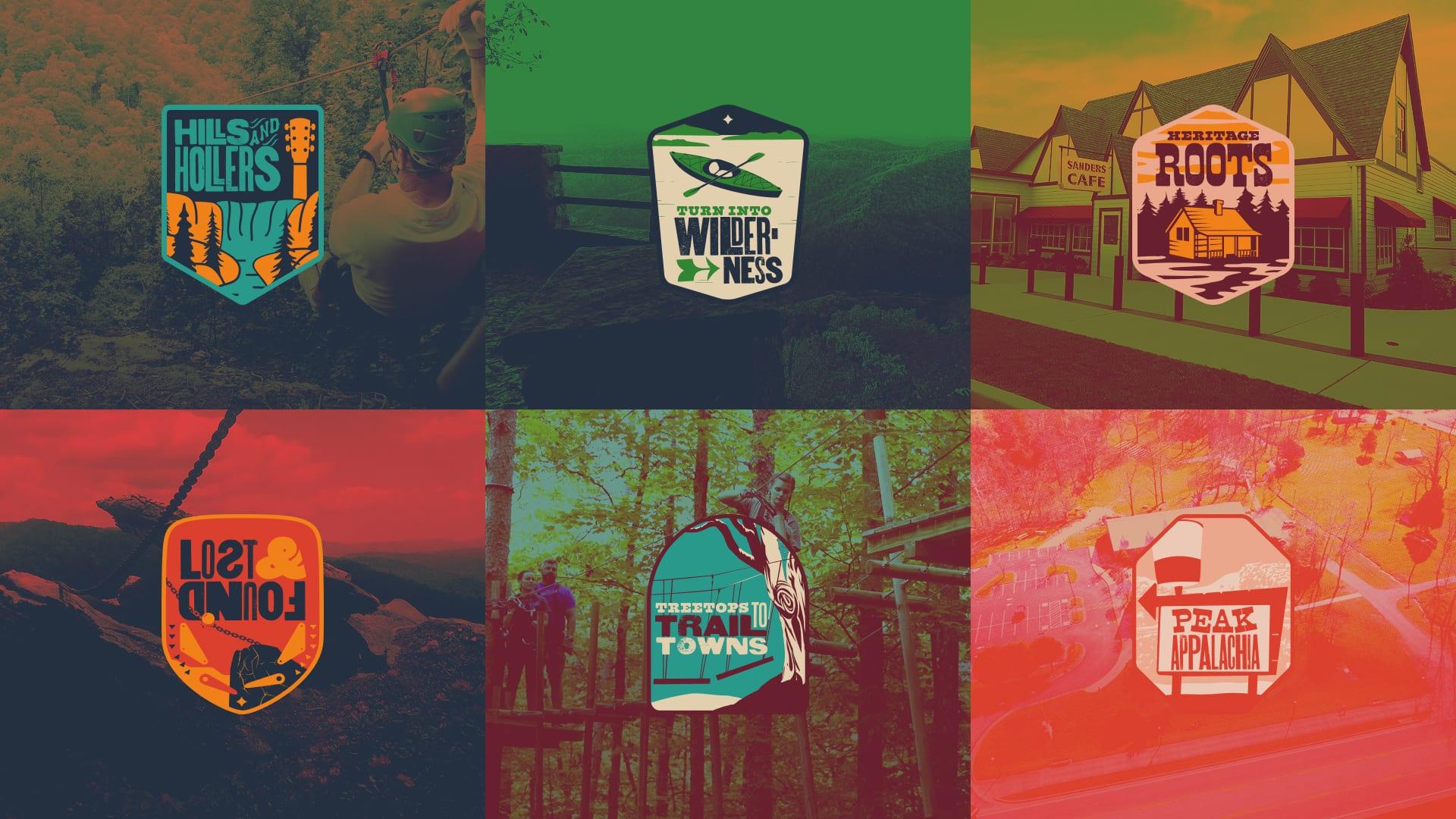 Six adventure badges over tinted photos: Hills & Hollers, Turn Into Wilderness, Heritage Roots, Lost & Found, Treetops to Trail Towns and Peak Appalachia