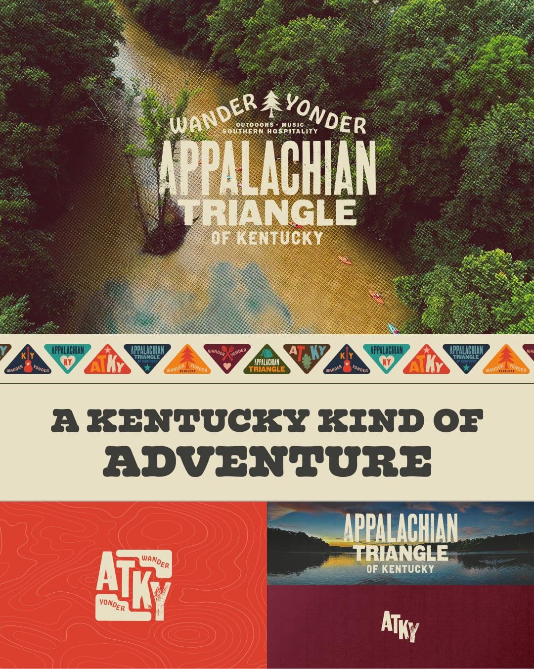 Brand board with the Wander Yonder Appalachian Triangle logo over a river aerial, a badge border, the line A Kentucky Kind of Adventure and ATKY logo lockups