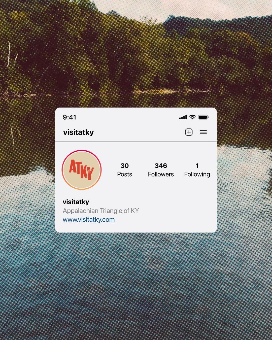 Instagram profile for visitatky over a halftone lake photo