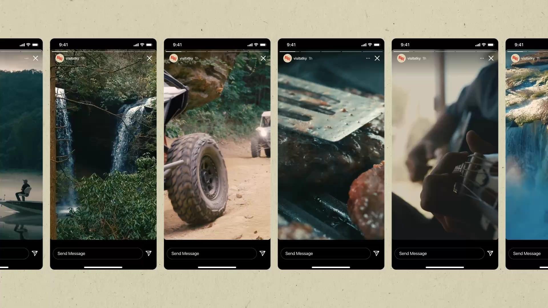 Row of vertical social video frames showing a waterfall, an off-road vehicle, grilling and a fisherman