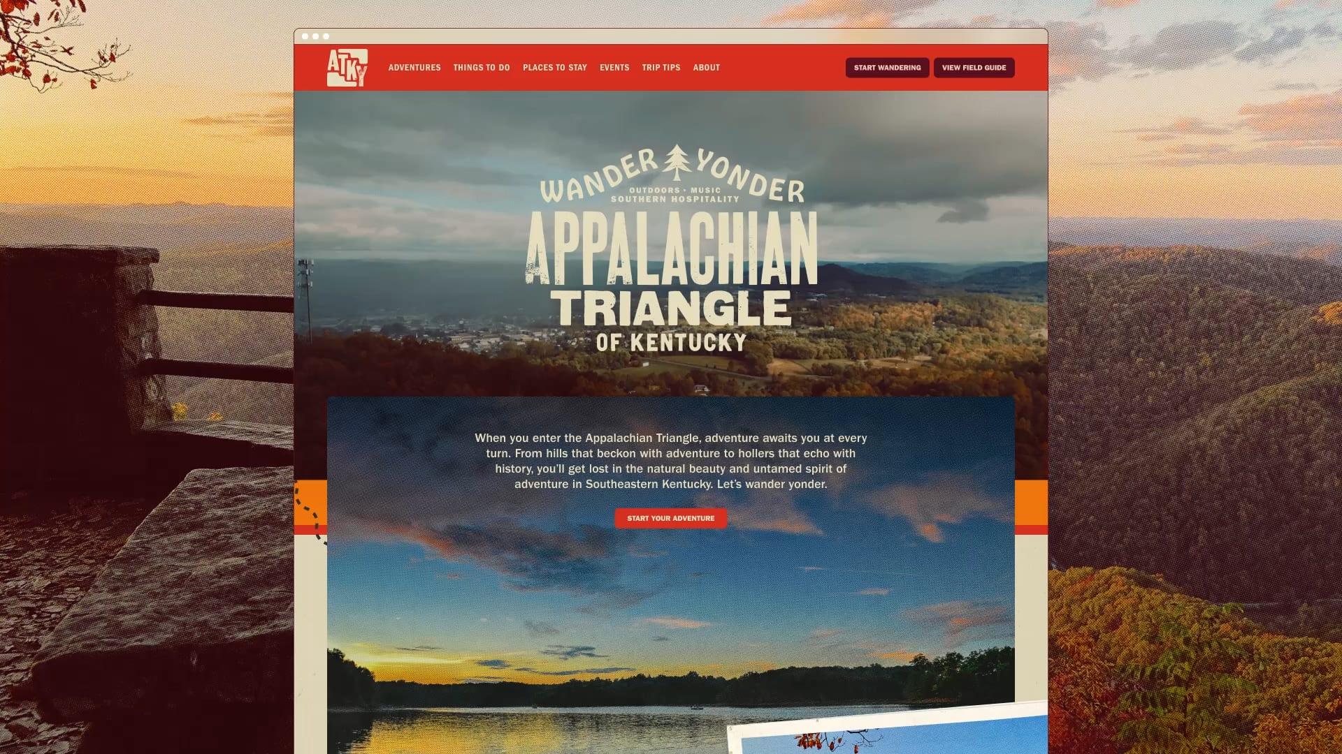 The Appalachian Triangle website homepage with the Wander Yonder logo over a mountain view
