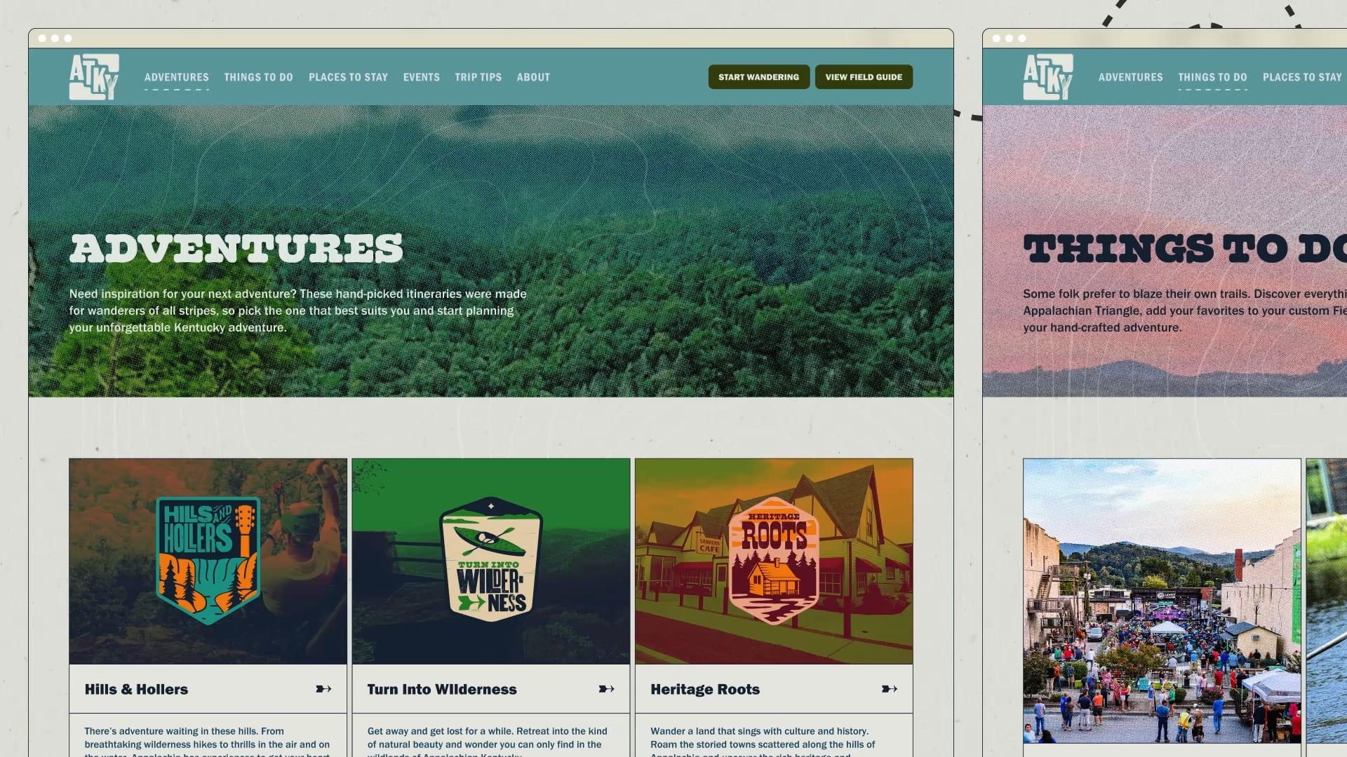 Website Adventures and Things To Do pages with adventure badge cards
