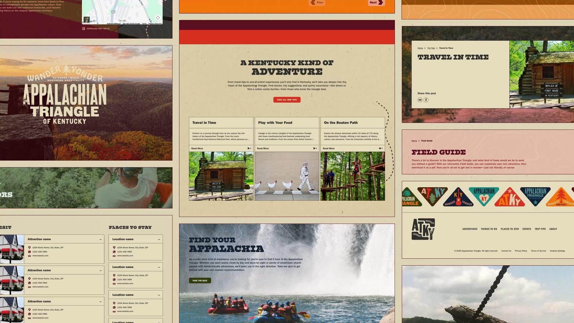 Collage of website pages including A Kentucky Kind of Adventure, Find Your Appalachia, places to stay and the field guide