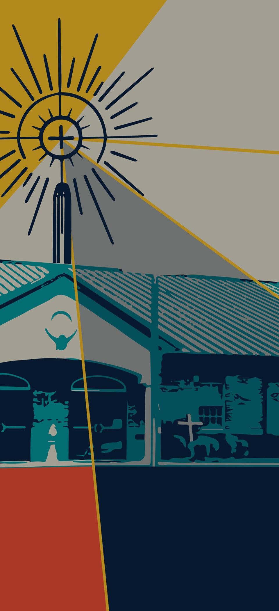 Illustrated Catholic school building beneath a radiant cross, rendered in the brand's navy, teal, gold and orange