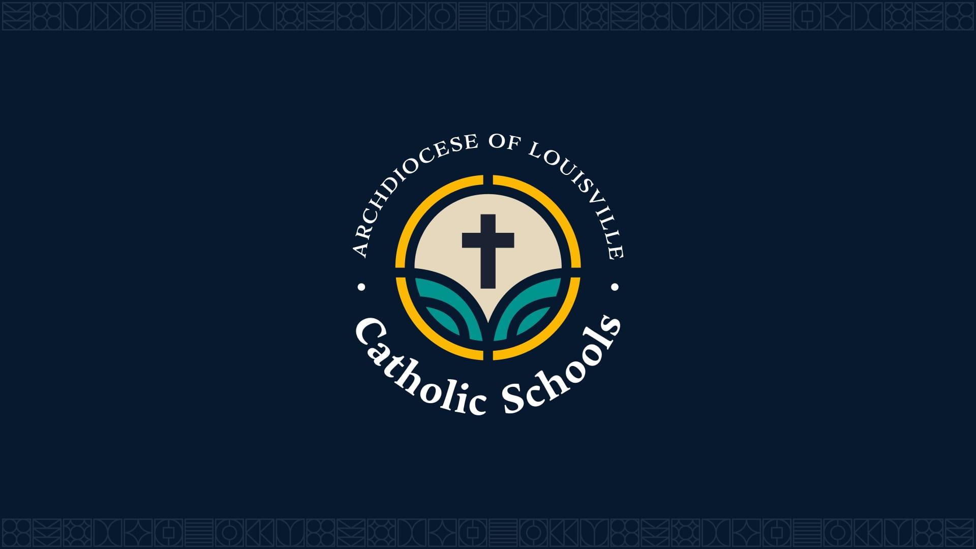 Archdiocese of Louisville Catholic Schools circular logo with a cross and leaves on a navy background