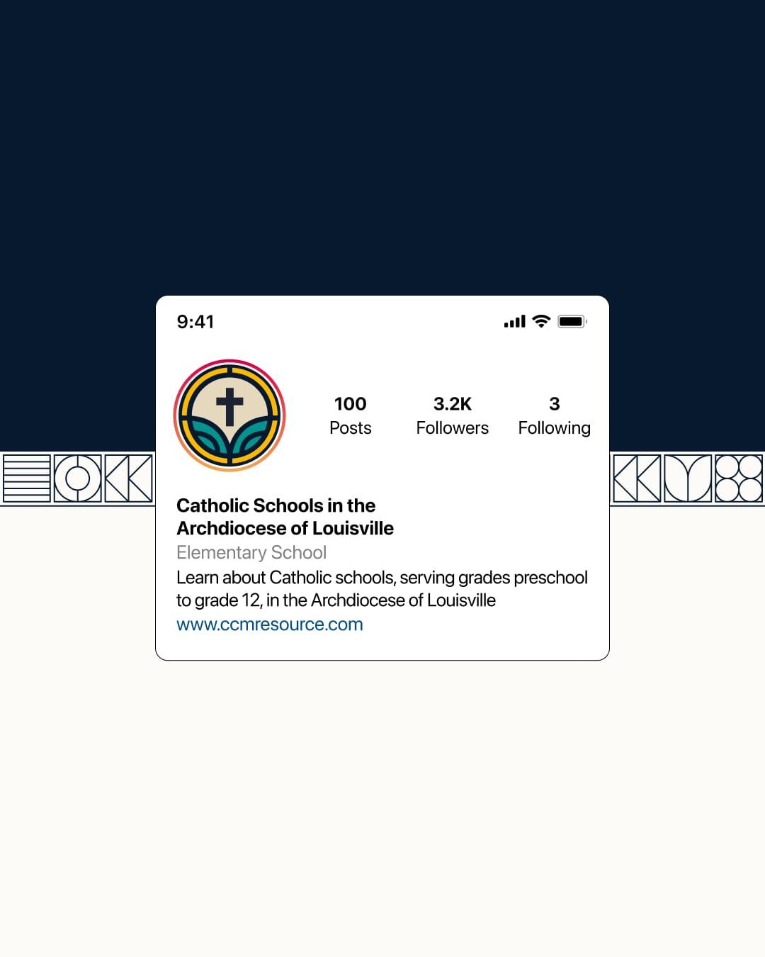 Instagram profile for Catholic Schools in the Archdiocese of Louisville on a navy background