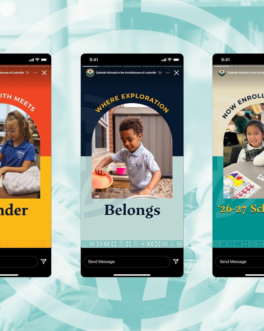 Three Instagram story ads showing students with enrollment messages such as "Where Exploration Belongs"