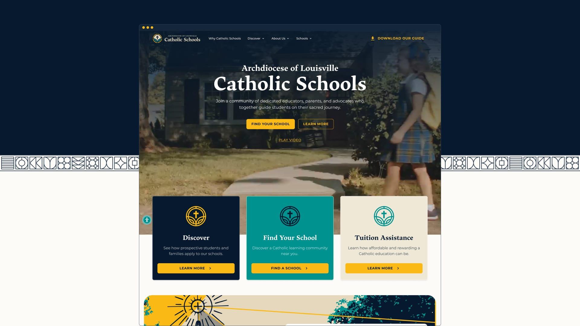 Homepage of the Catholic Schools website with Discover, Find Your School and Tuition Assistance cards