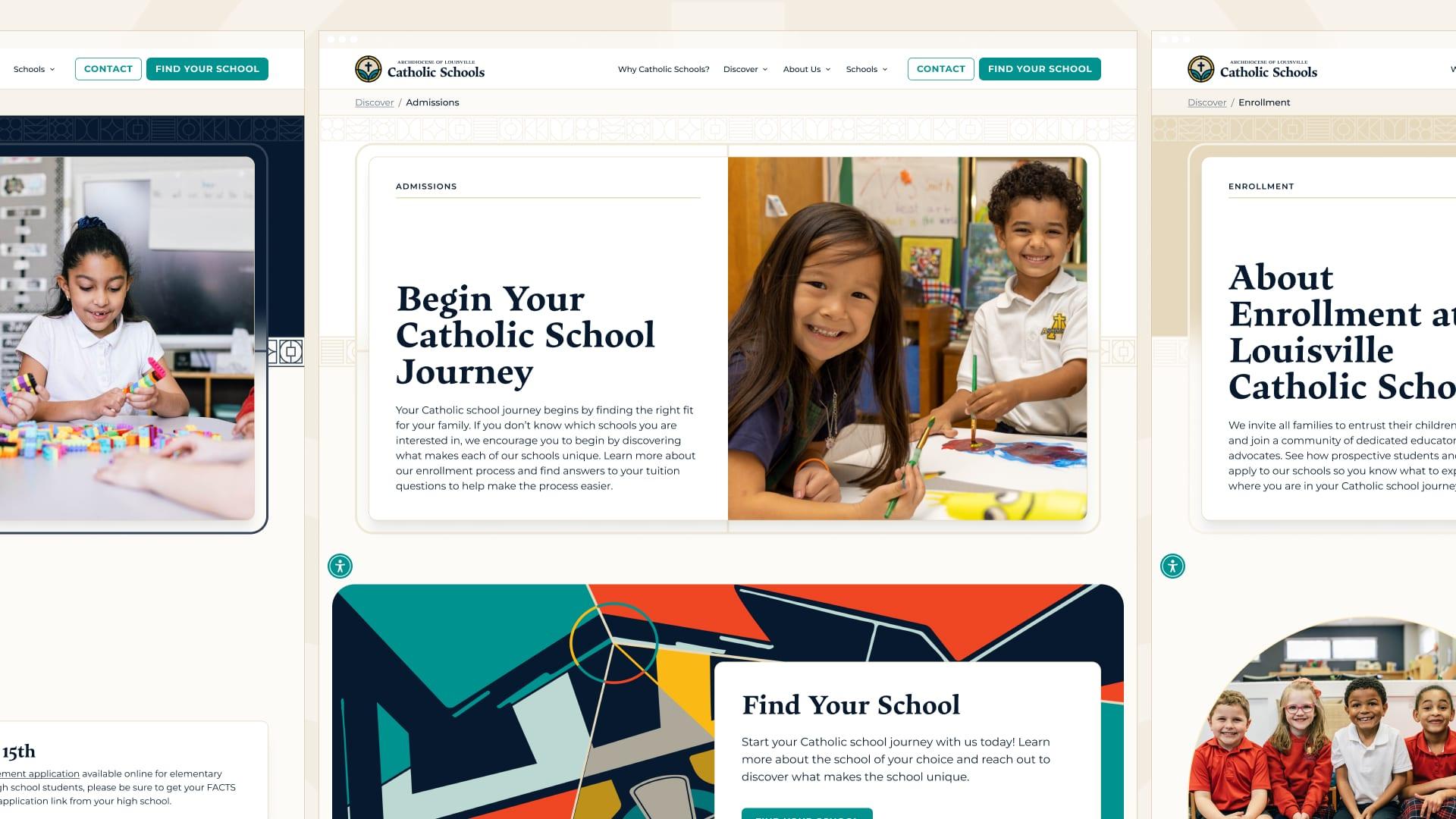 Admissions and enrollment website pages featuring smiling students