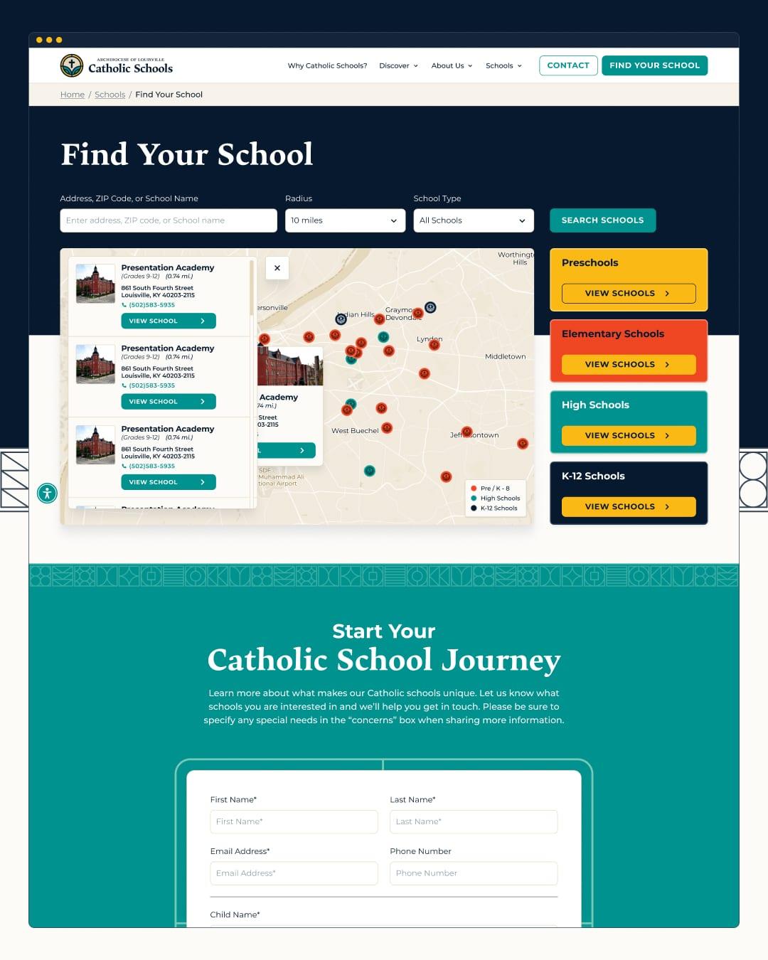 Find Your School page with a map of school locations and an inquiry form