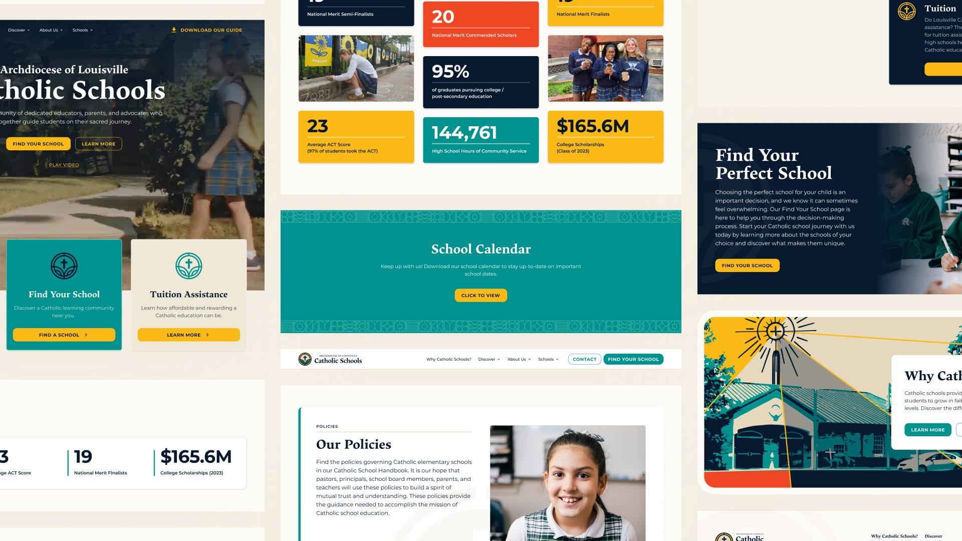 Collage of website sections including statistics, school calendar and policies pages