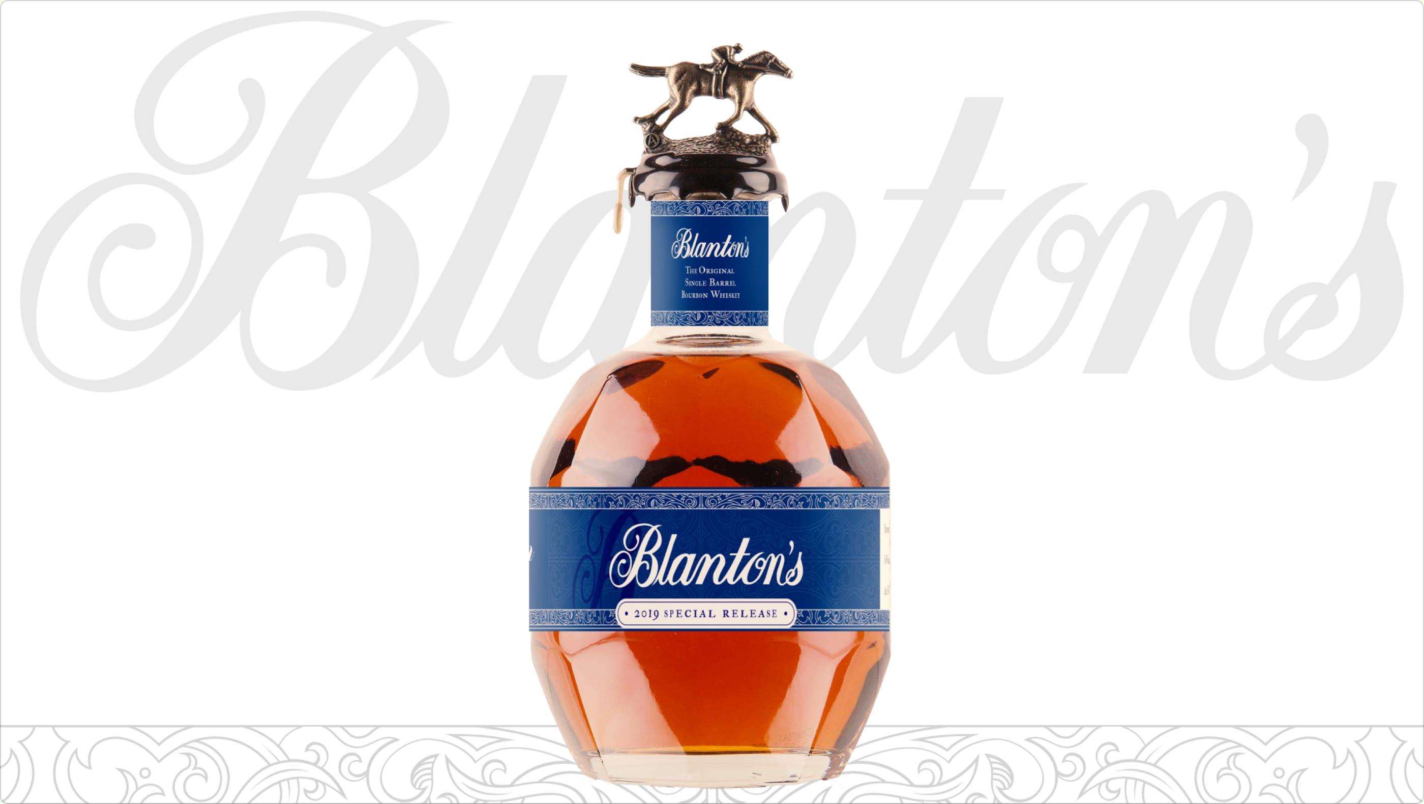 Blanton's 2019 Special Release bottle with its racehorse-and-jockey stopper, in front of an oversized Blanton's script wordmark