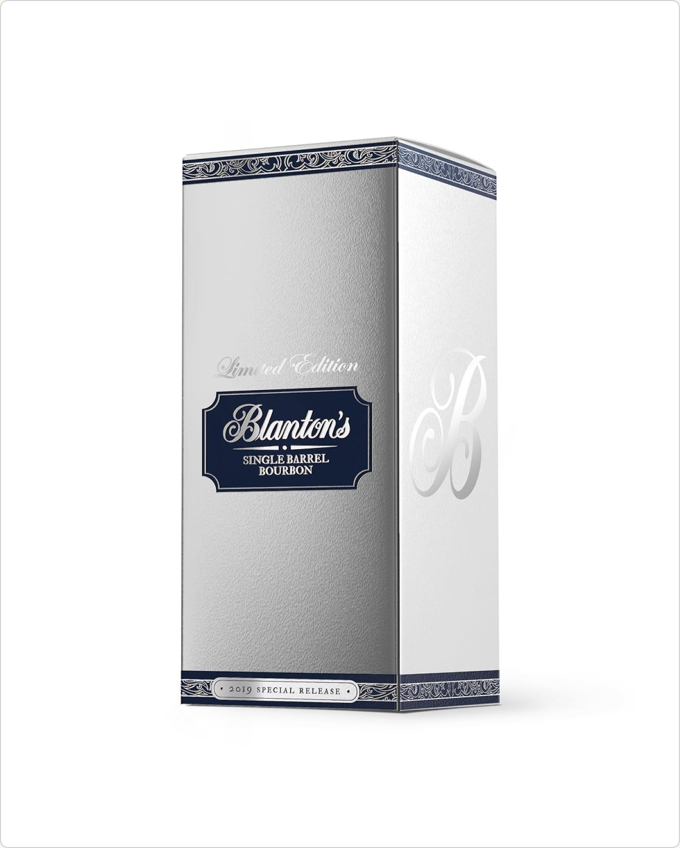 Silver foil Limited Edition gift box with the Blanton's single barrel bourbon crest and an embossed B