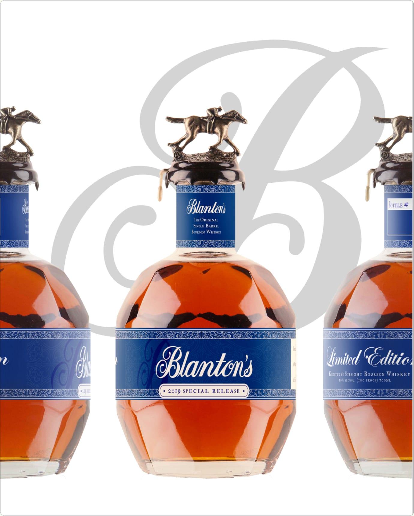 Three Blanton's bottles in front of a large script B monogram, showing the front and back labels