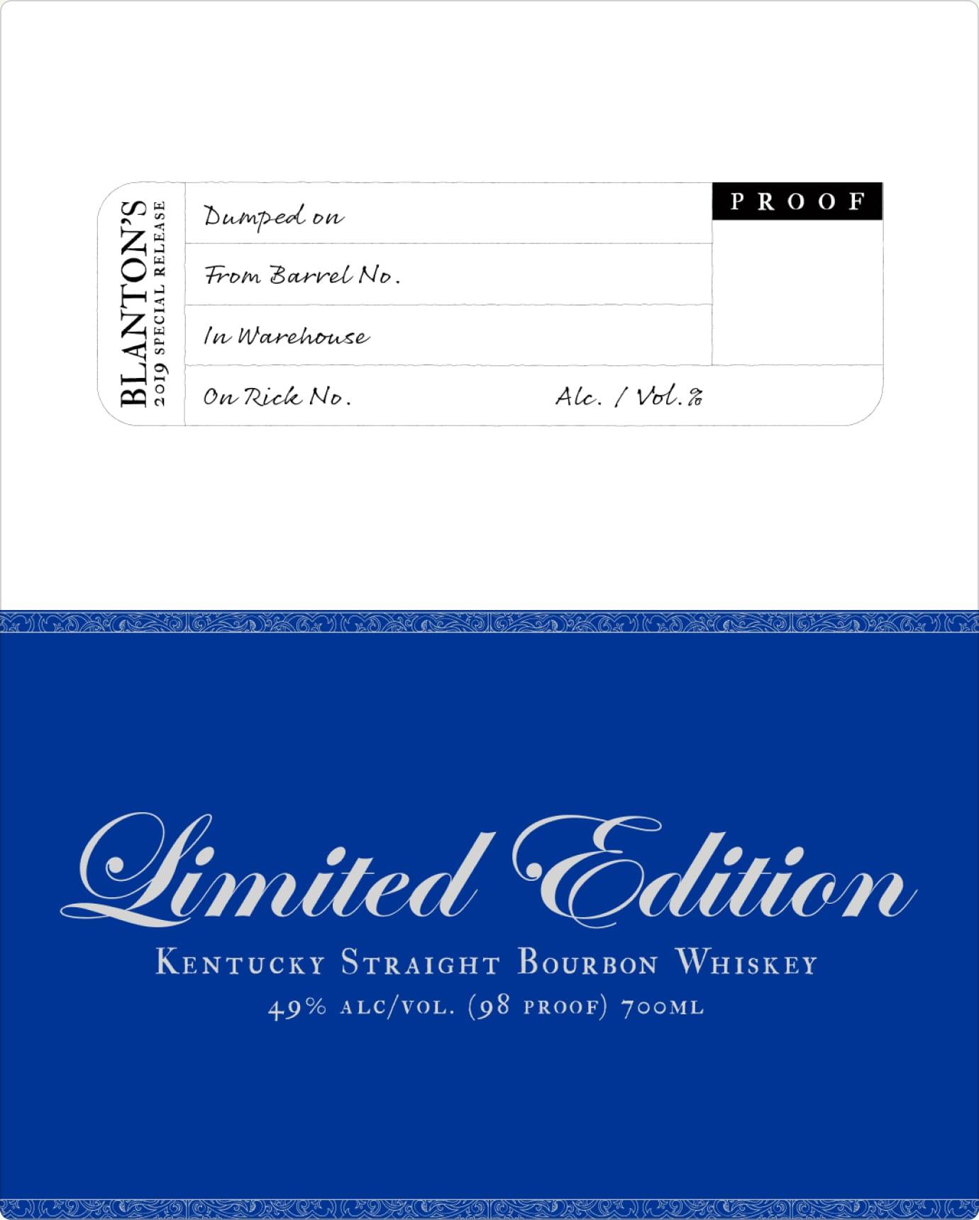 Label artwork: the hand-filled barrel details tag above a blue Limited Edition Kentucky Straight Bourbon Whiskey panel