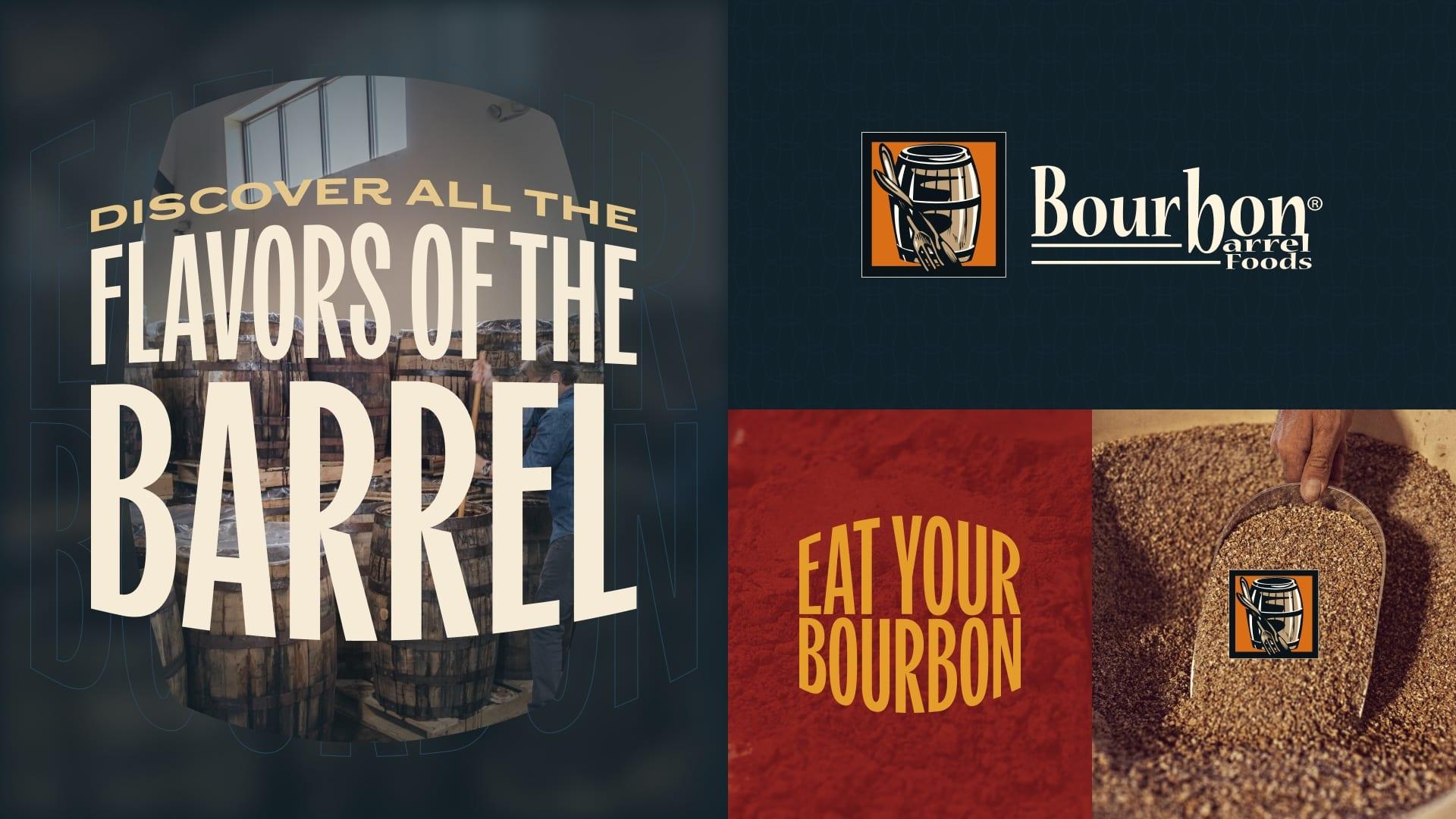 Brand board with the headline "Discover all the flavors of the barrel", the Bourbon Barrel Foods logo, an "Eat Your Bourbon" graphic and a scoop of barrel-smoked salt