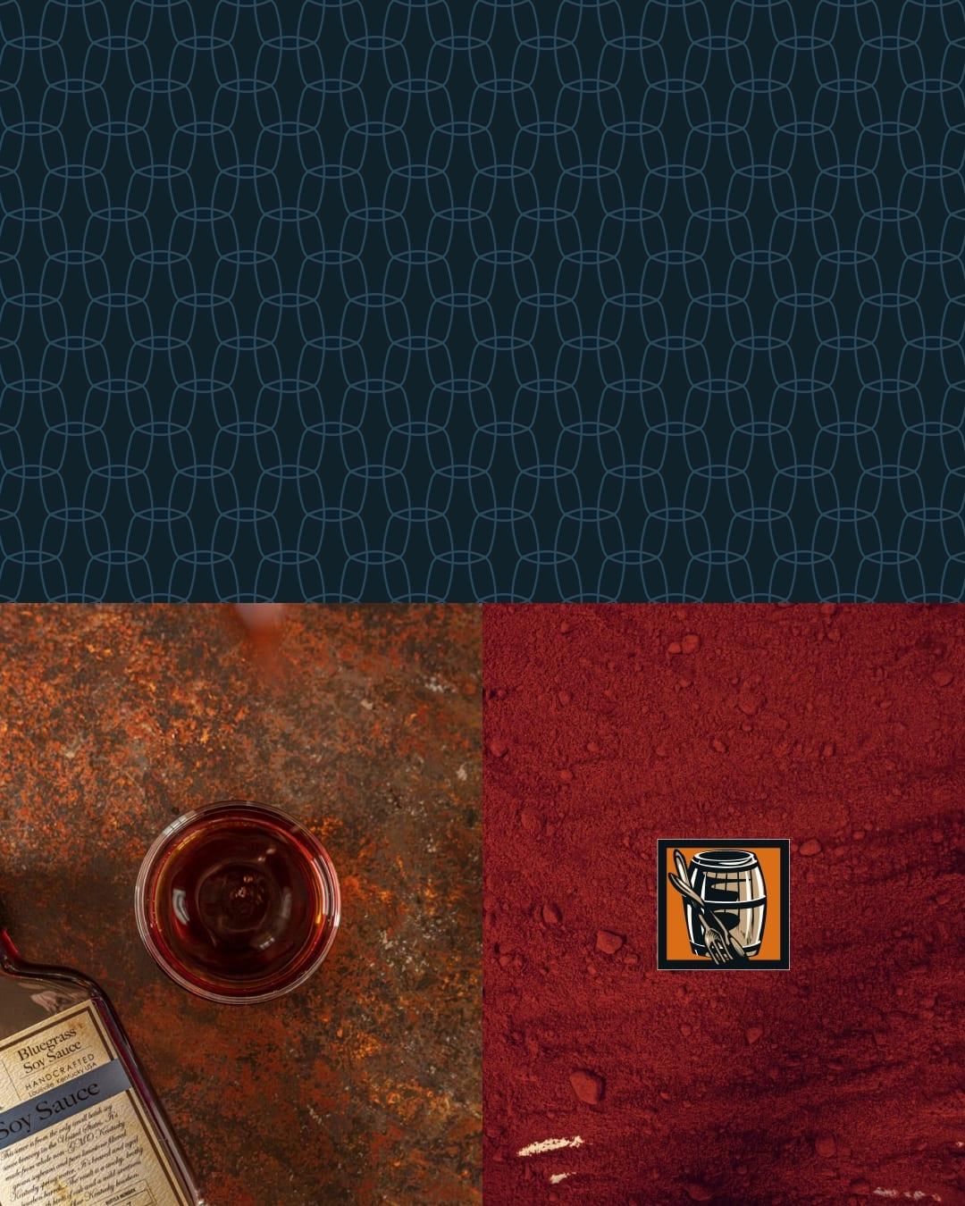 Brand textures: a navy barrel-hoop pattern, a glass of soy sauce on rusted metal and the barrel icon on red paprika