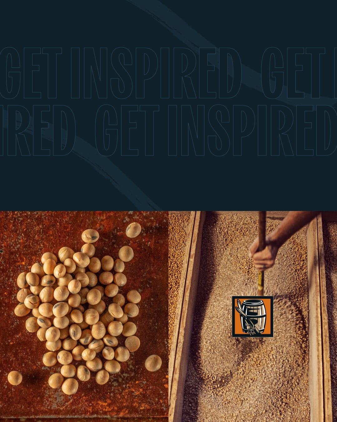 "Get inspired" pattern above close-ups of soybeans and a scoop in a tray of barrel-smoked grain