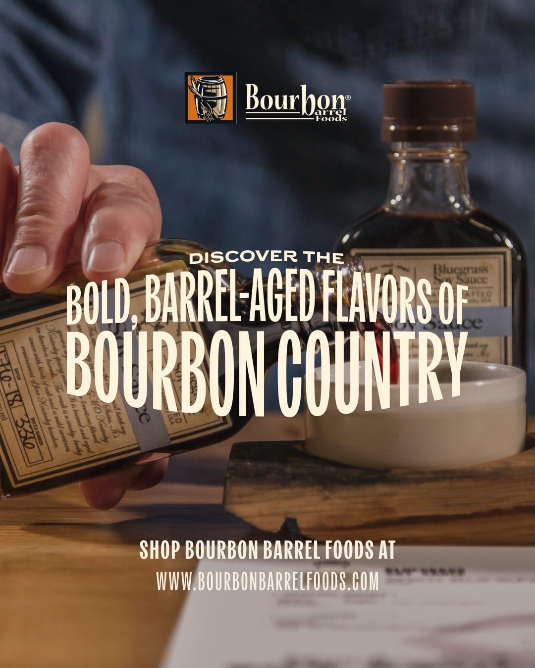 Ad of a hand pouring barrel-aged soy sauce, reading "Discover the bold, barrel-aged flavors of Bourbon Country"