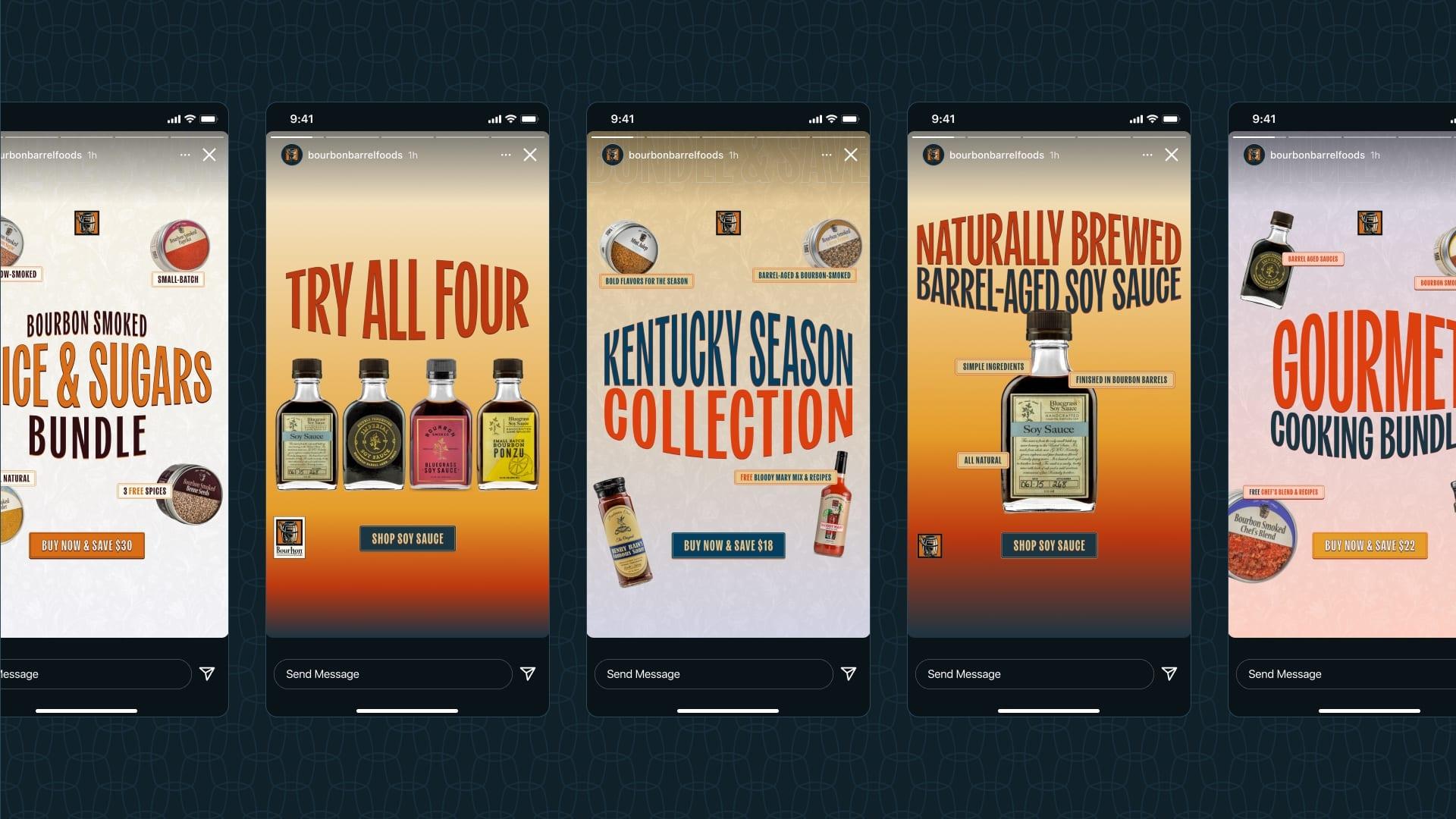 Five Instagram story ads for product bundles, including "Try all four", "Kentucky Season Collection" and "Naturally brewed barrel-aged soy sauce"