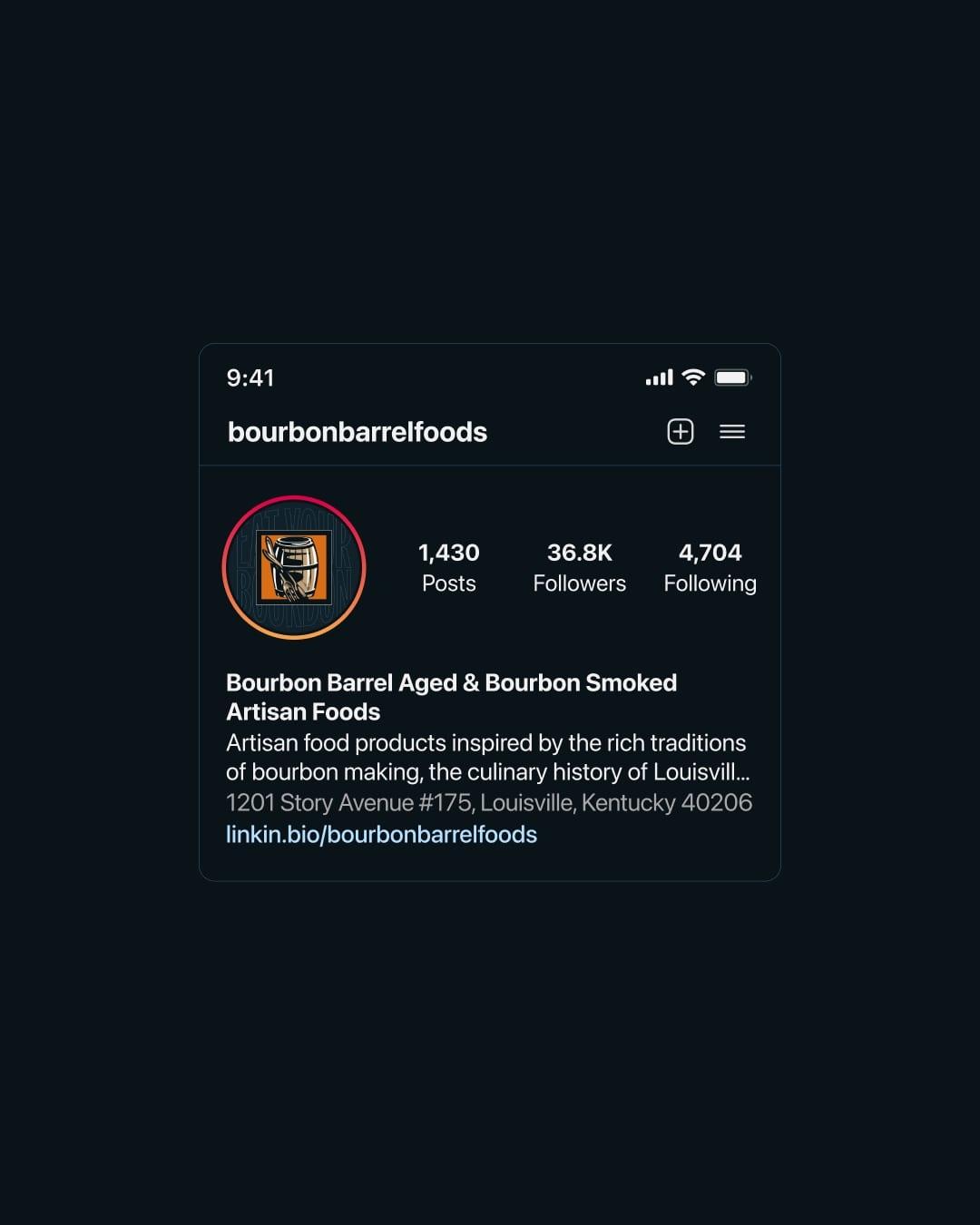 The Bourbon Barrel Foods Instagram profile on a phone screen