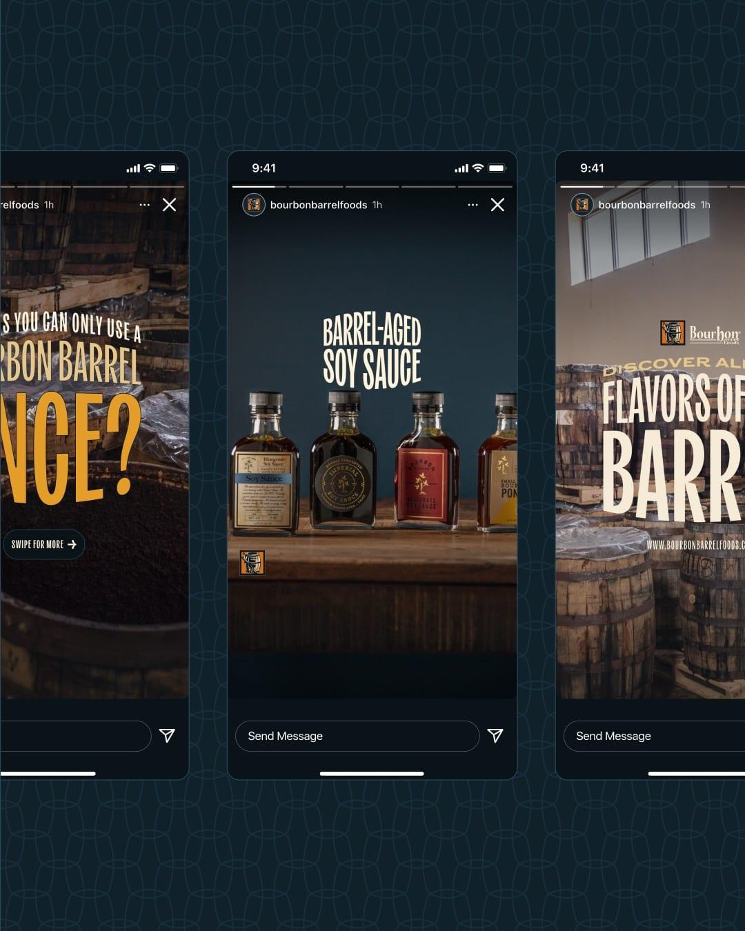 Three Instagram story ads featuring barrel-aged soy sauce and "Flavors of the barrel"