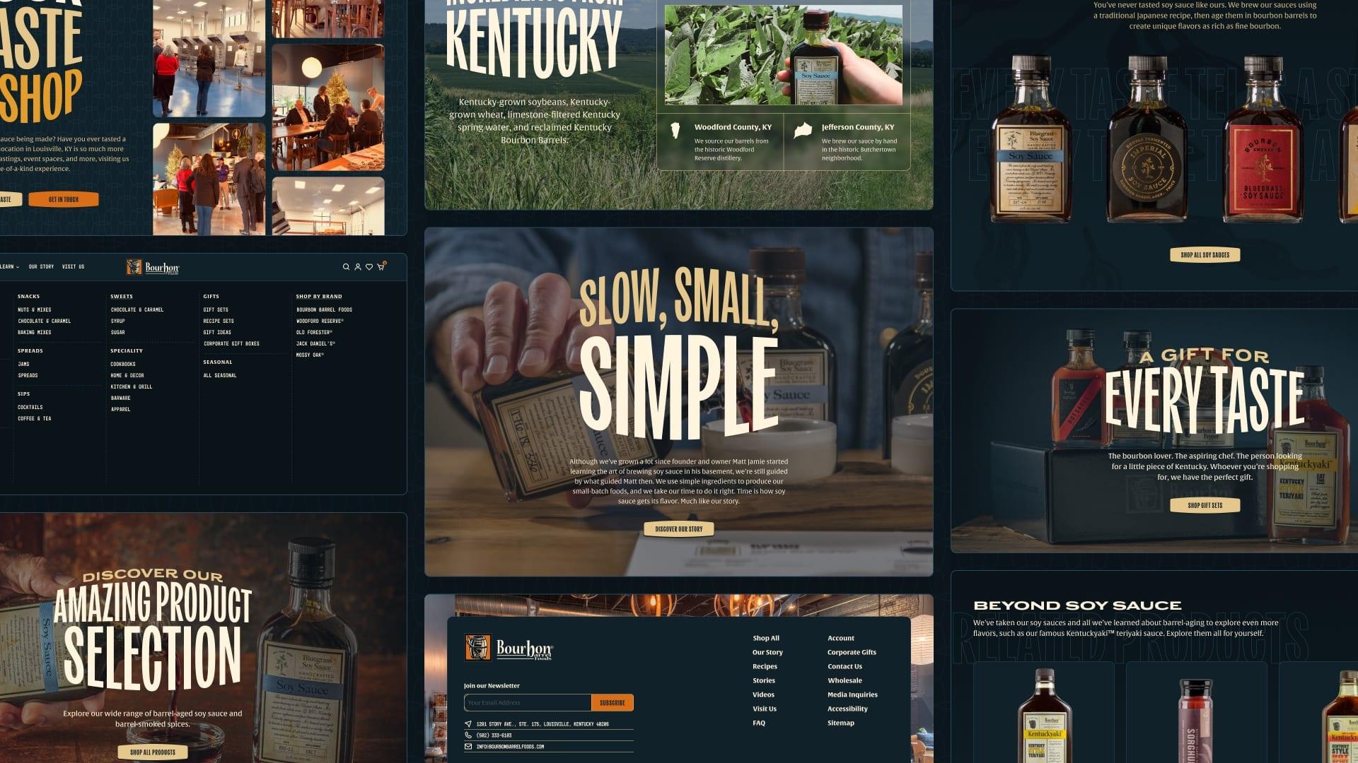 Collage of website pages including "Slow, small, simple", "A gift for every taste" and the product catalog