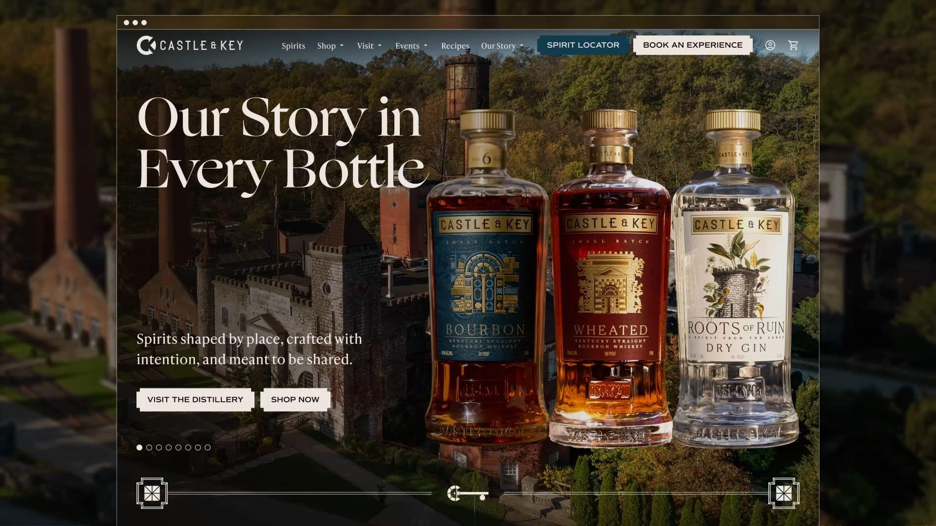 Castle & Key website homepage headed “Our Story in Every Bottle”, showing bourbon, wheated bourbon and Roots of Ruin gin bottles over an aerial view of the distillery