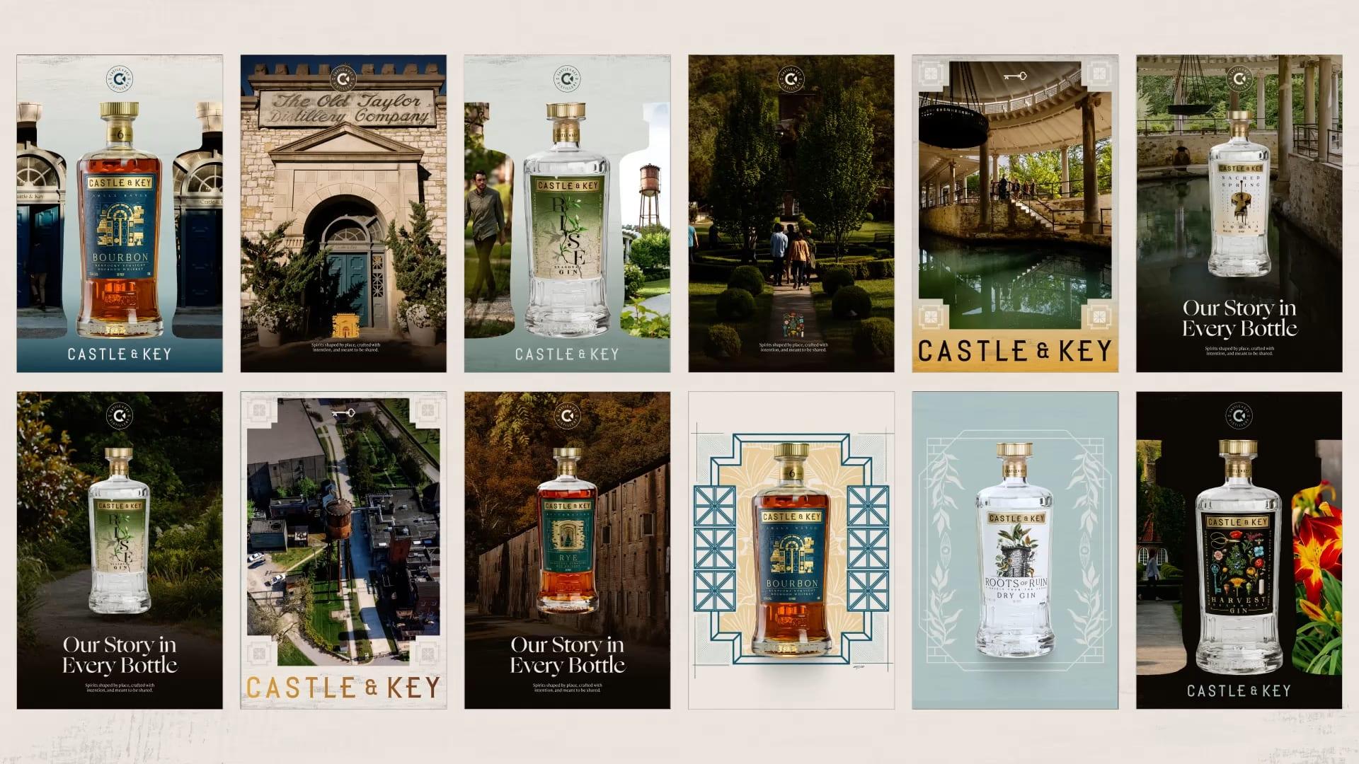 Grid of twelve Castle & Key social posts featuring bottles, the castle entrance, the grounds and the “Our Story in Every Bottle” line