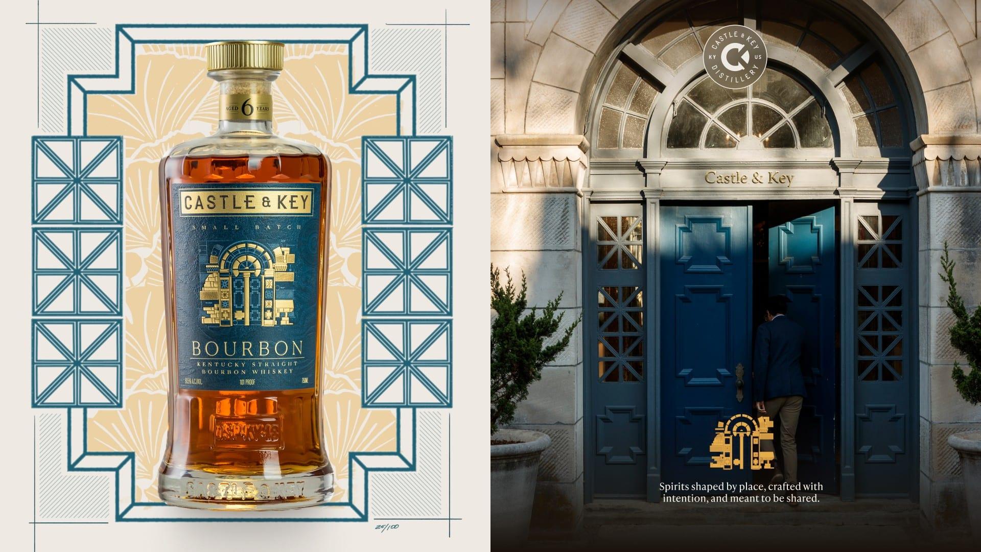 Castle & Key bourbon bottle framed by blue art deco ornament, beside a photo of a visitor walking through the distillery's arched blue doors