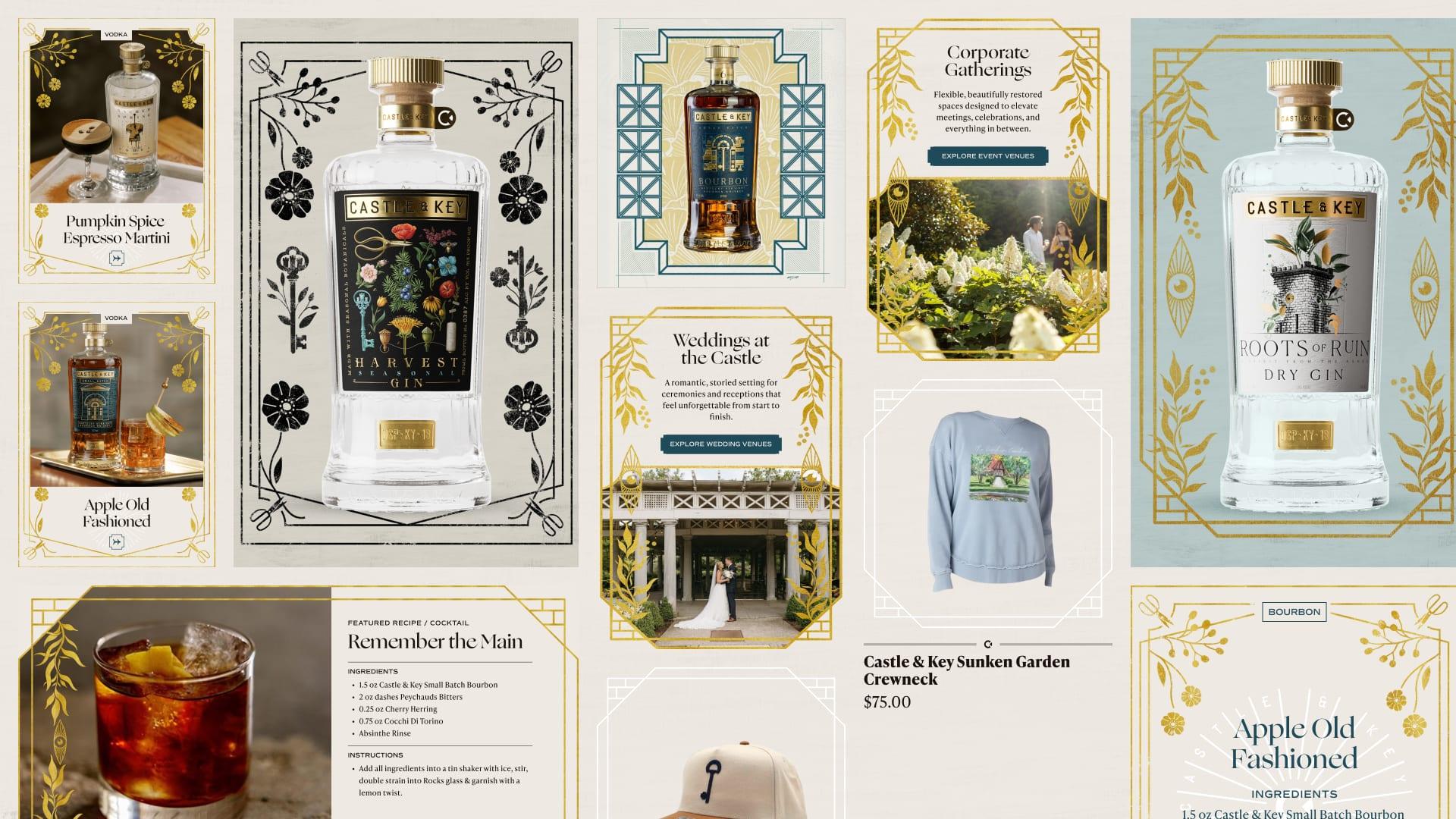 Collage of Castle & Key brand collateral: cocktail recipe cards, gin and bourbon bottle illustrations, event invitations and merchandise