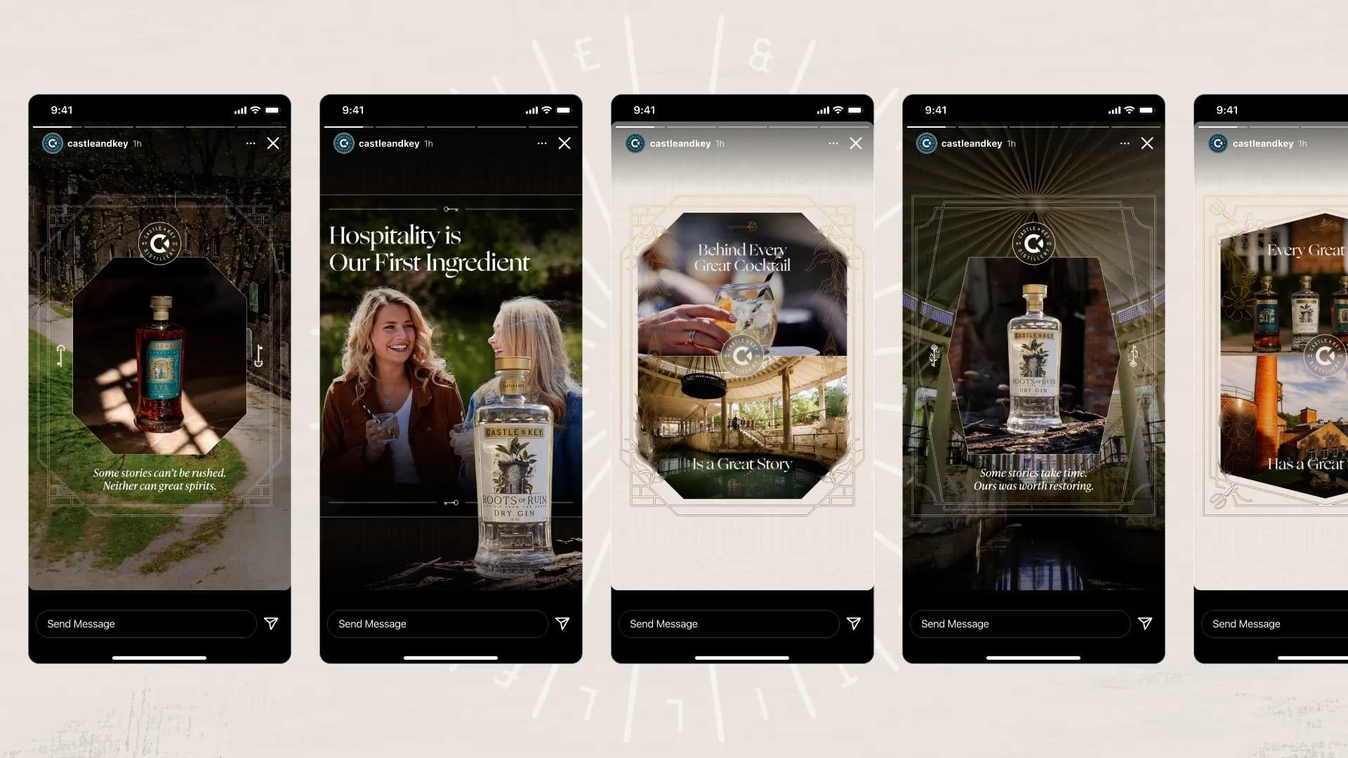Five Castle & Key Instagram stories, including “Hospitality is Our First Ingredient” and “Behind Every Great Cocktail”