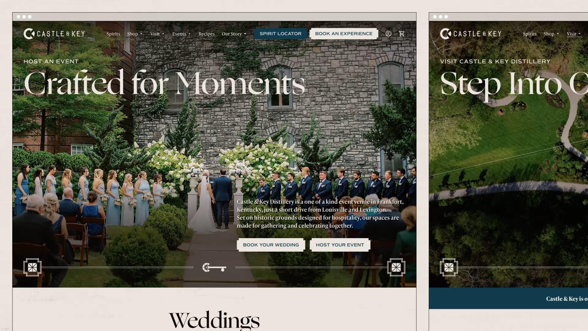 Castle & Key events website pages, “Crafted for Moments” with a garden wedding and “Step Into Castle & Key” with an aerial view of the grounds